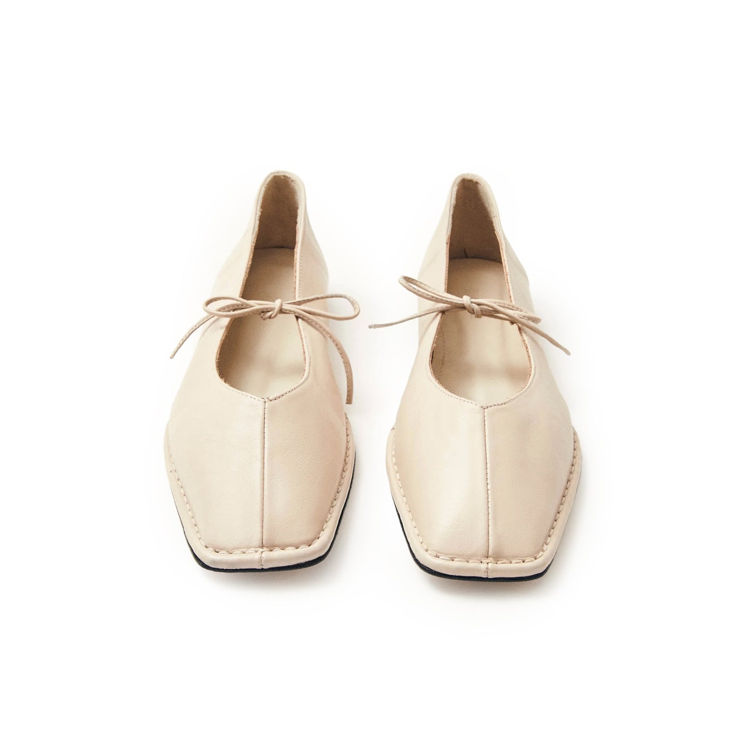 Cream Square-Toe V-Cut Vamps Bridge Self-Tie Bow Ballet Flats
