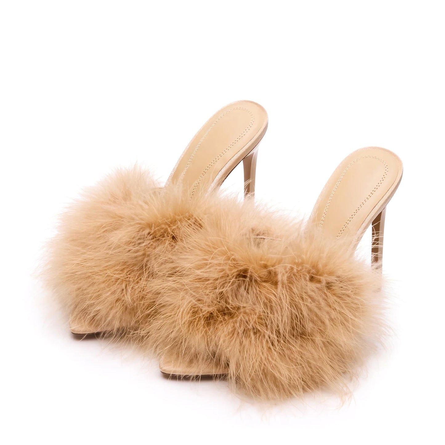 Tan Pointed-Toe Front Plush Slip-On High Heels