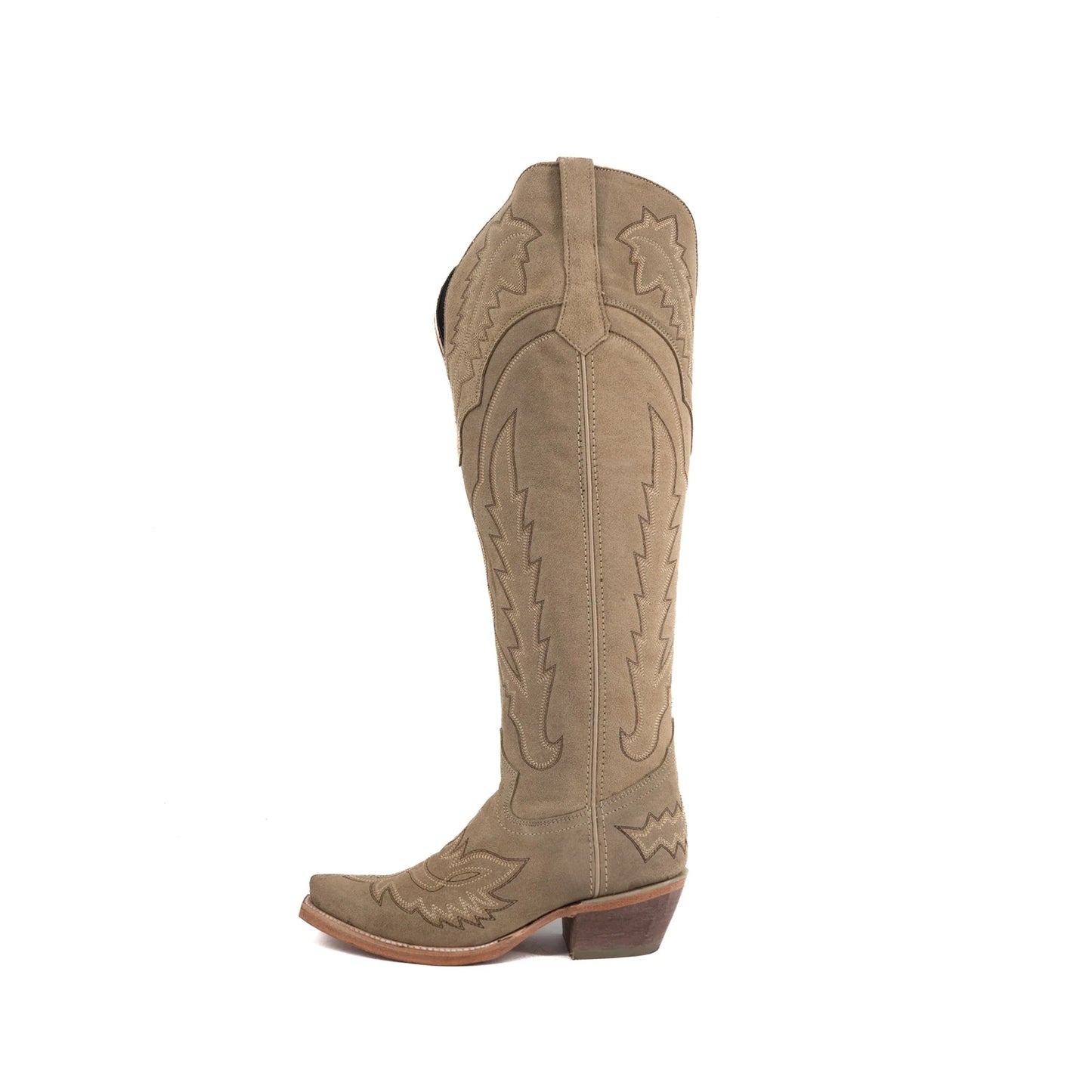 Sand Faux Suede Snip-Toe Embroidery Half-Zip Knee High Cowgirl Boots