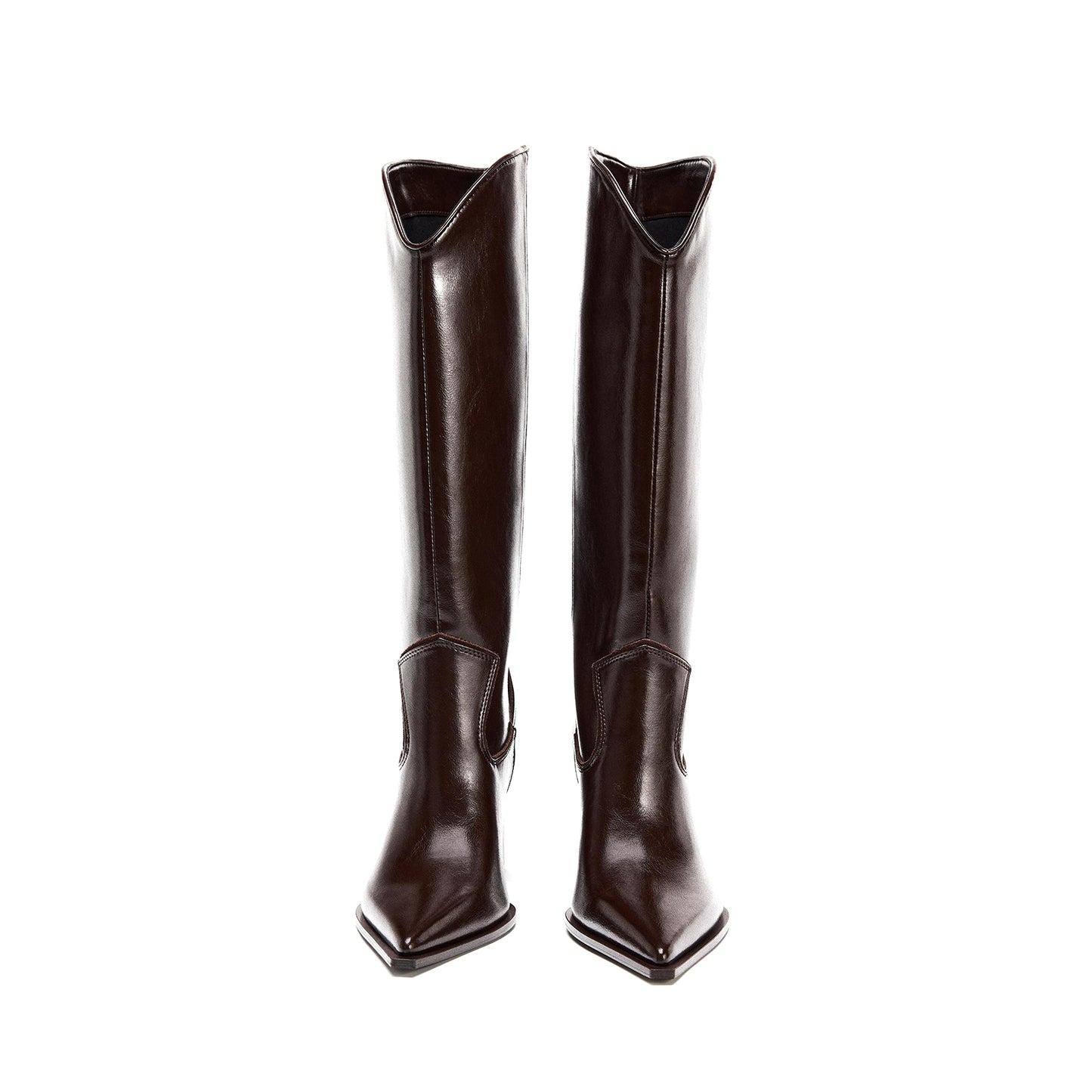 Dark Brown Pointed-Toe Simple Wide Calf Knee High Cowgirl Boots
