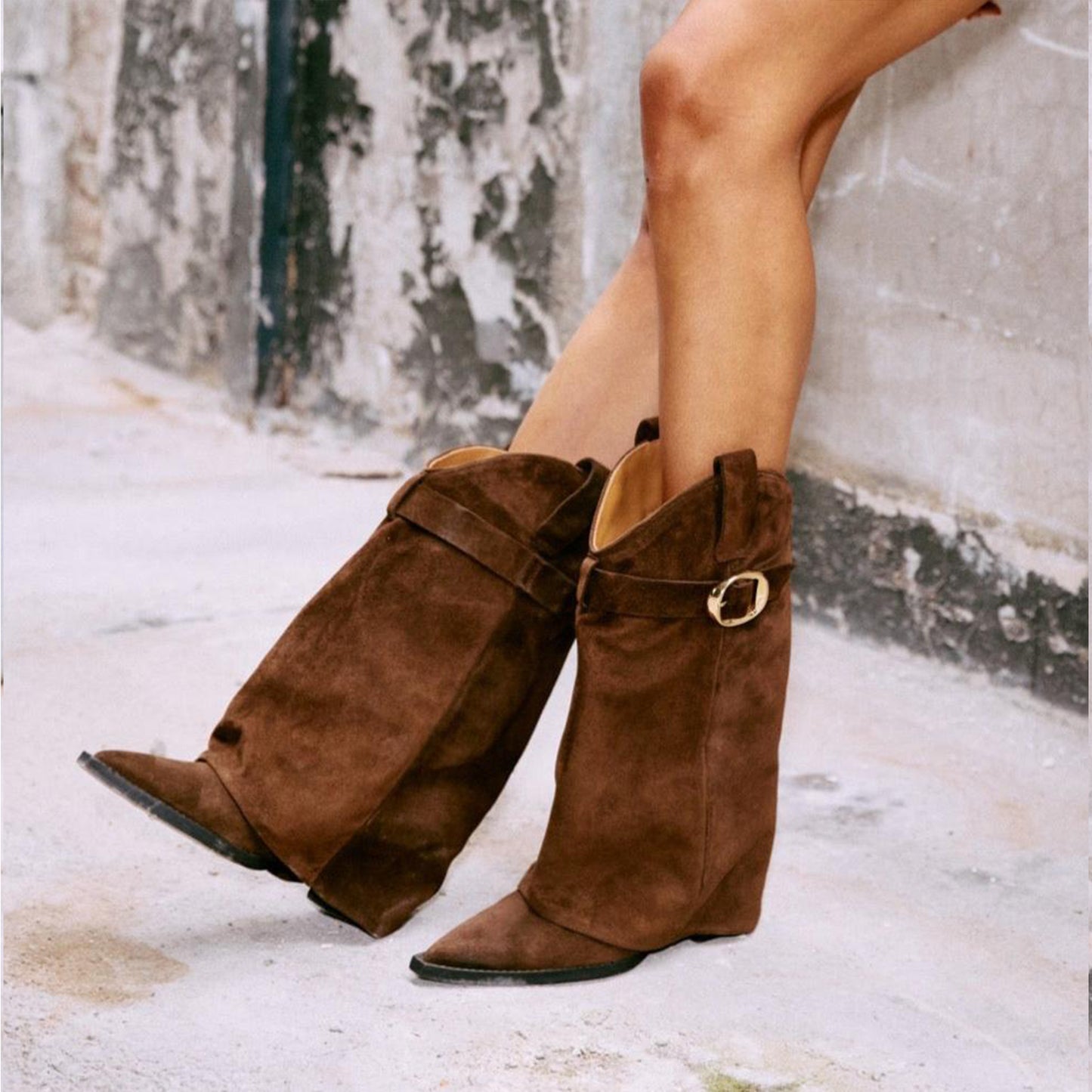 Brown Faux Suede Pointed-Toe Fold-Over Shaft Buckle Mid Calf Cowgirl Boots