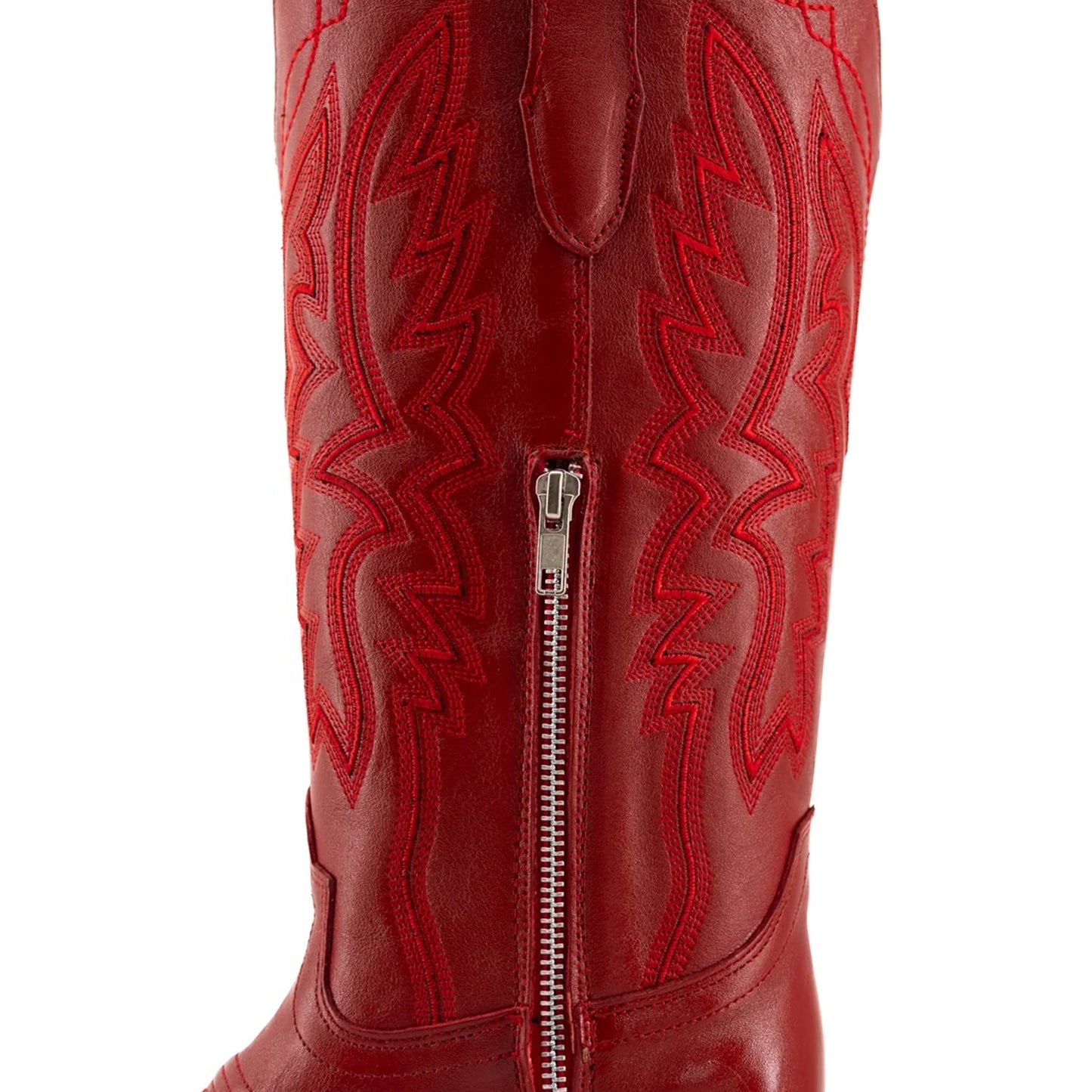 Red Snip-Toe Half-Zip Embroidery Mid Calf Cowgirl Boots