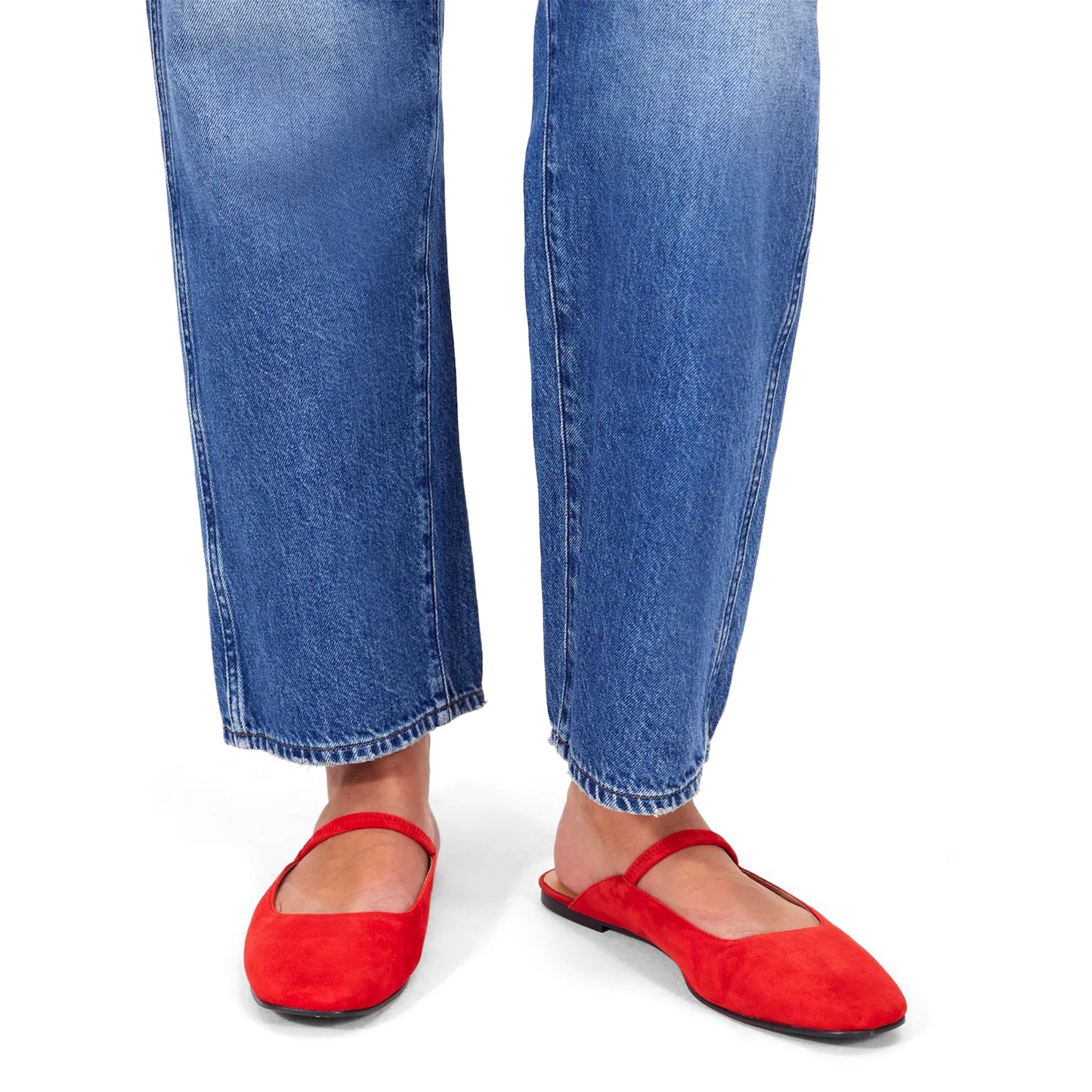 Red Faux Suede Square-Toe Bridge Strap Slip-On Flats