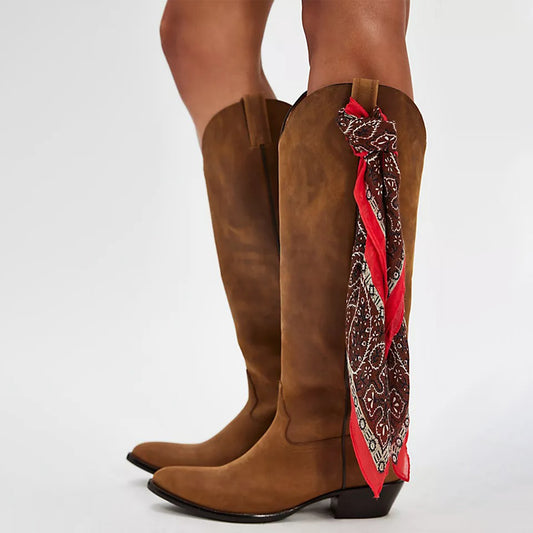 Brown Almond-Toe Classic Wide Calf Knee High Cowgirl Boots