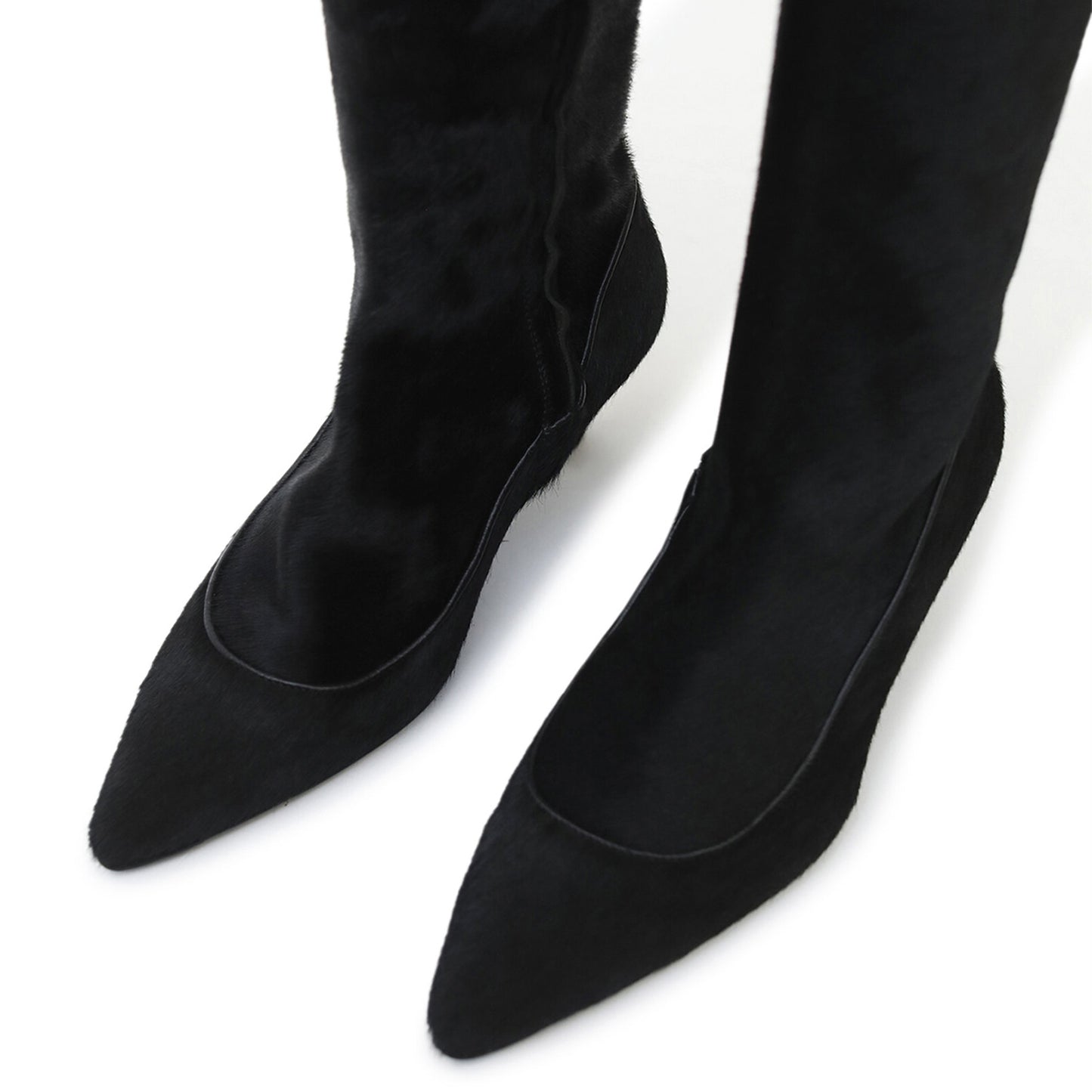 Black Pointed-Toe Side Full-Zip Knee High Stiletto Boots