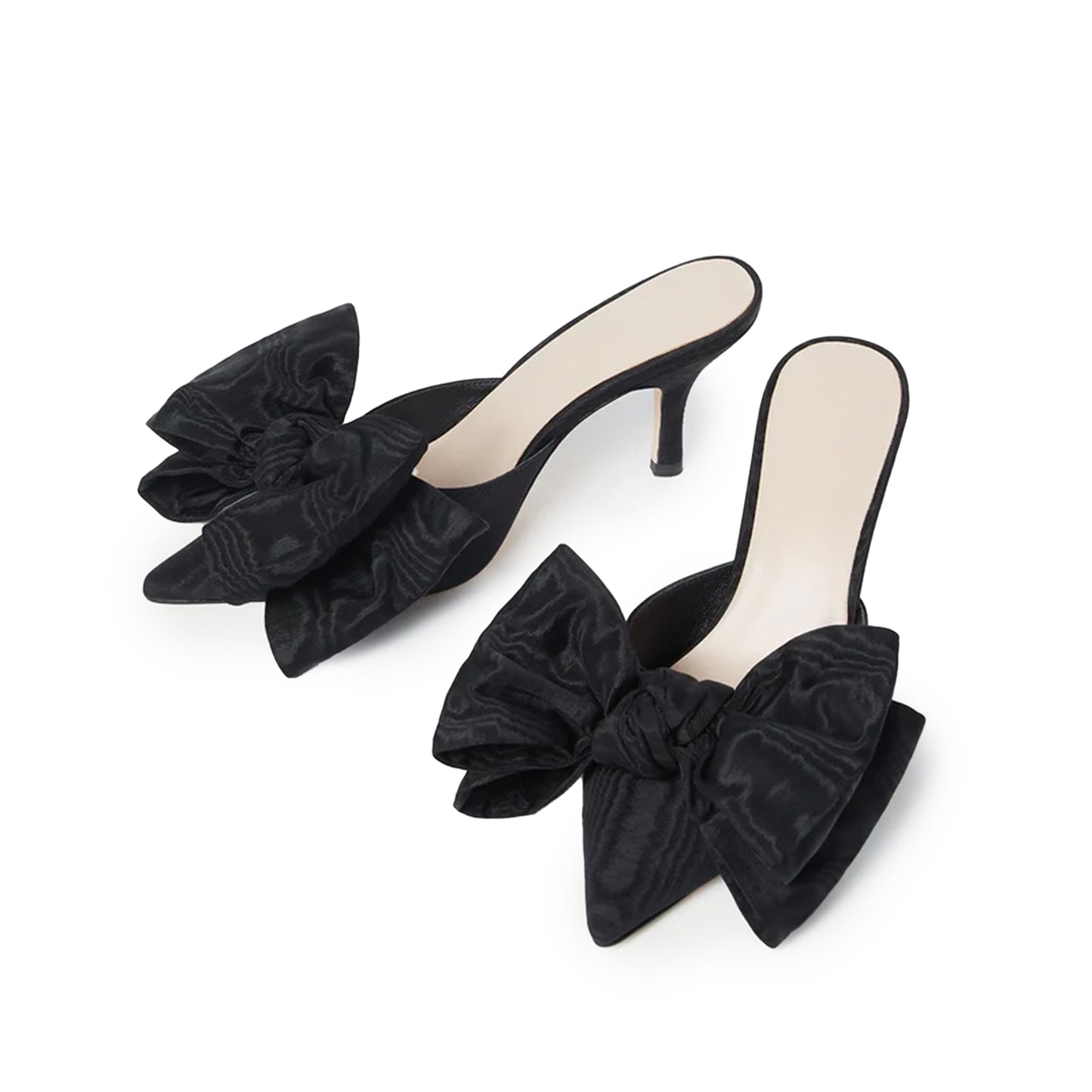 Black Satin Pointed-Toe Front Big Bow High Heels