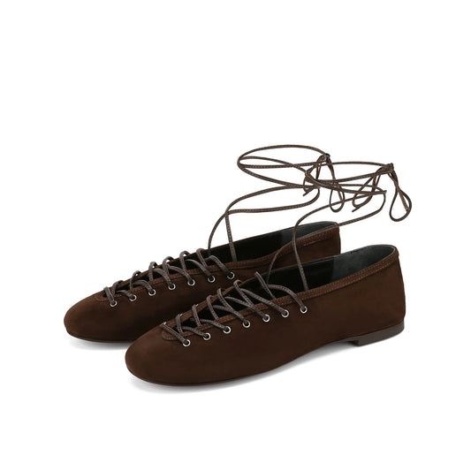 Brown Faux Suede Round-Toe Ankle Lacing Detail Lace-Up Flats
