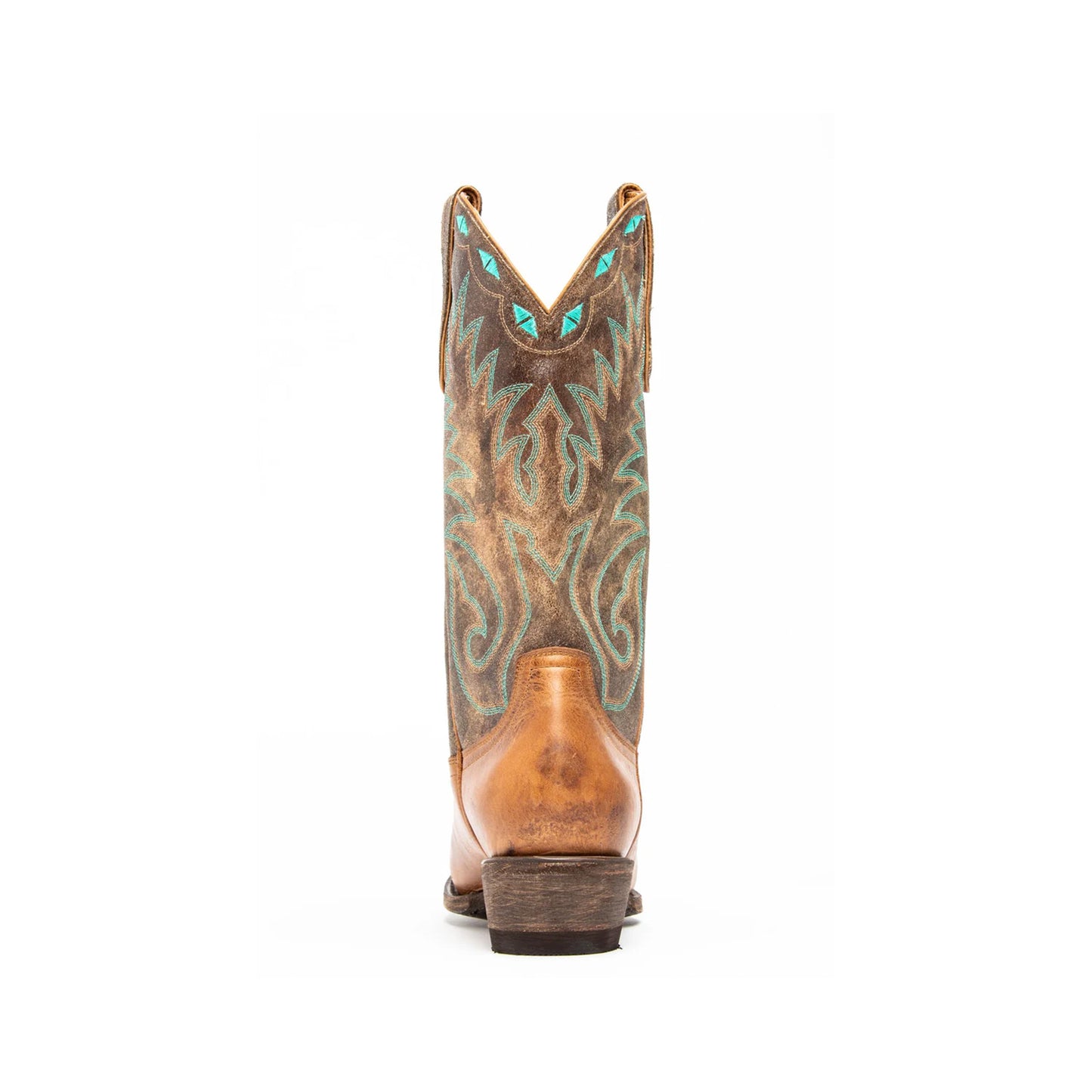 Distressed Contrast Brown And Tan Square-Toe Embroidery Mid Calf Cowgirl Boots