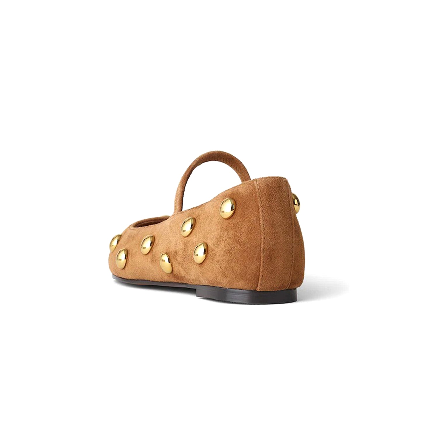 Tan Faux Suede Square-Toe Bridge Strap Studded Slip-On Flats