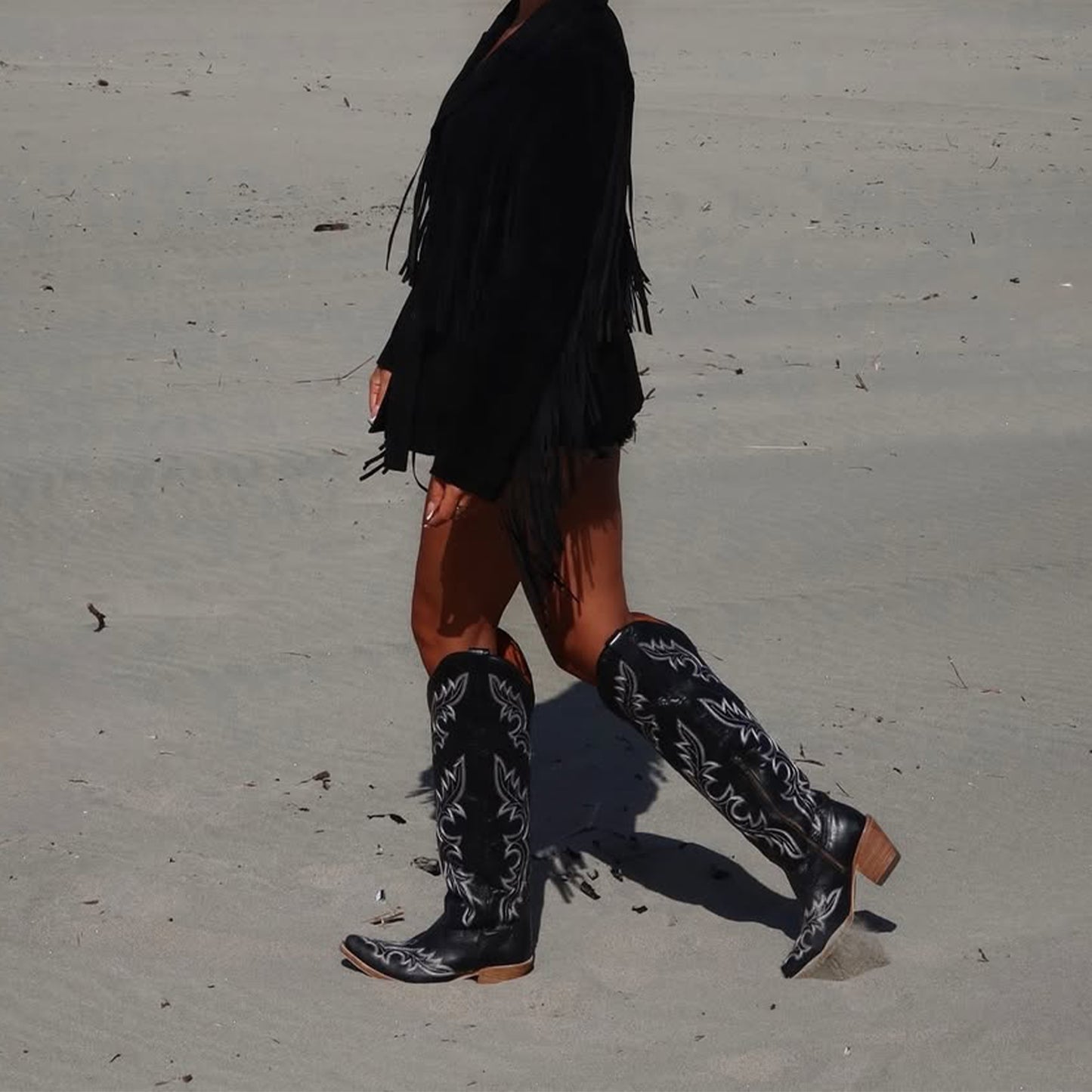 Black Snip-Toe Chic Embroidery Wide Calf Knee High Cowgirl Boots