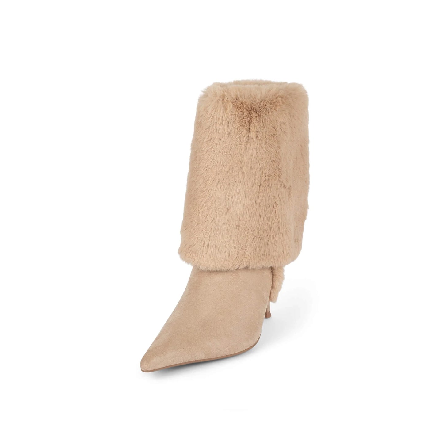Beige Faux Suede Pointed-Toe Plush Fold-Over Knee High Stiletto Boots