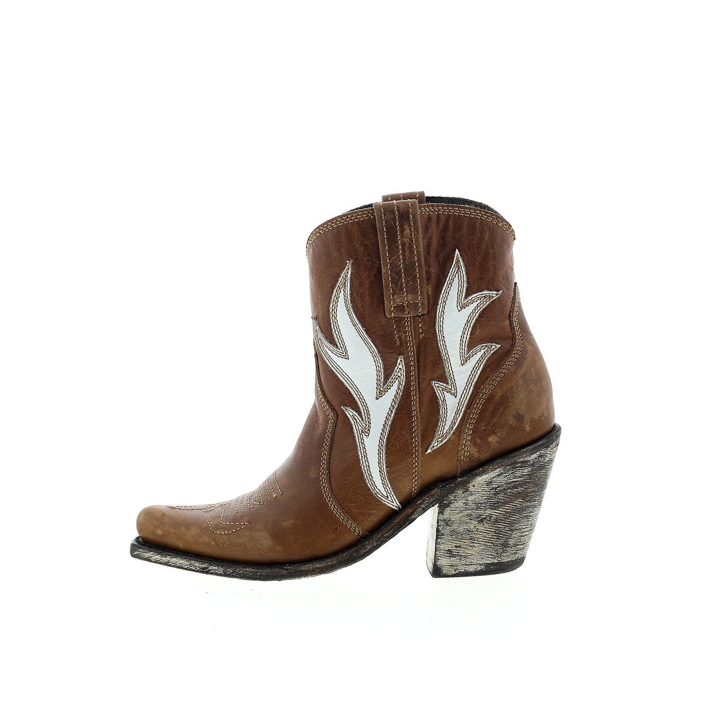 Tan Pointed-Toe Flame Applique Ankle Cowgirl Boots
