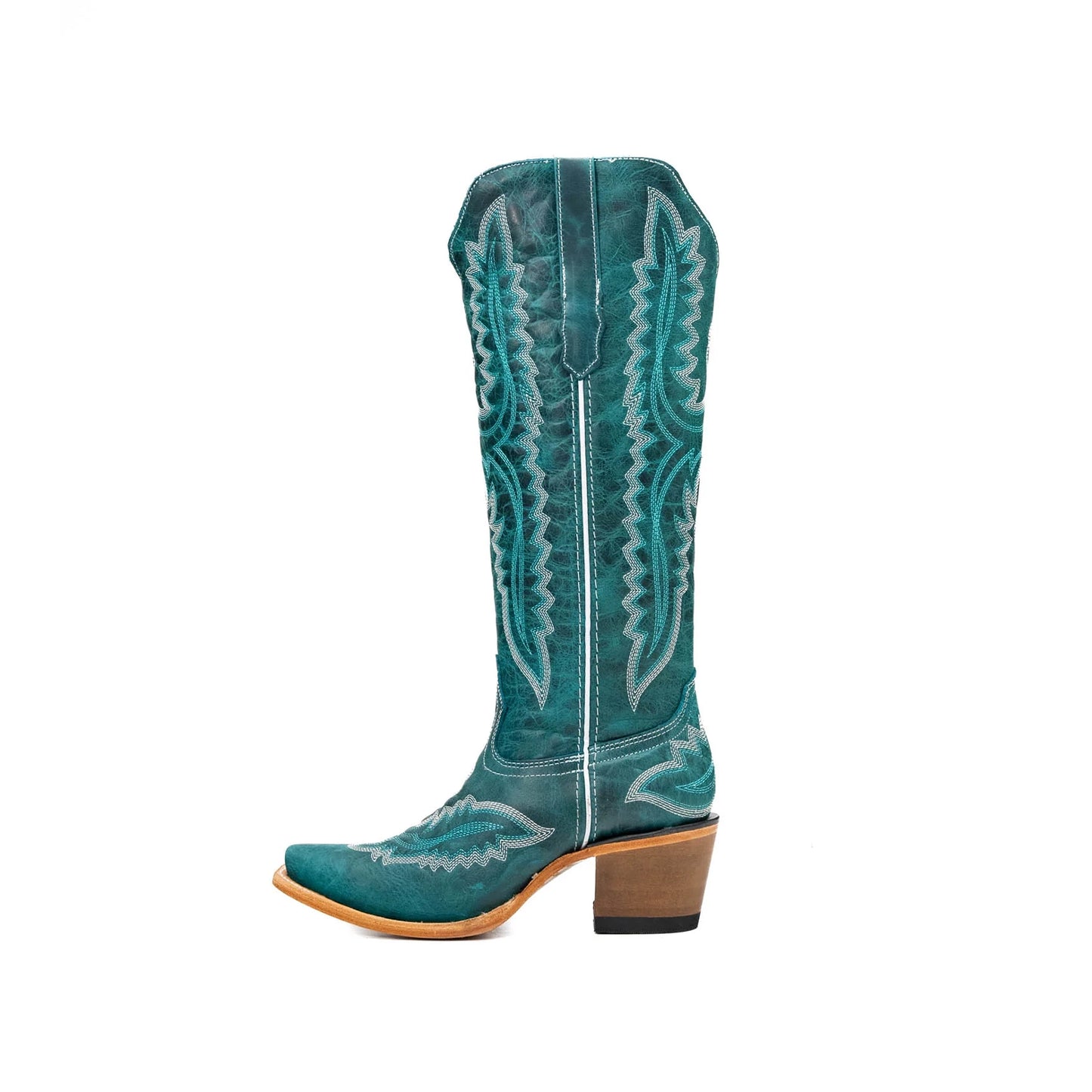 Turquoise Snip-Toe Embroidery Half-Zip Knee High Classic Cowgirl Boots