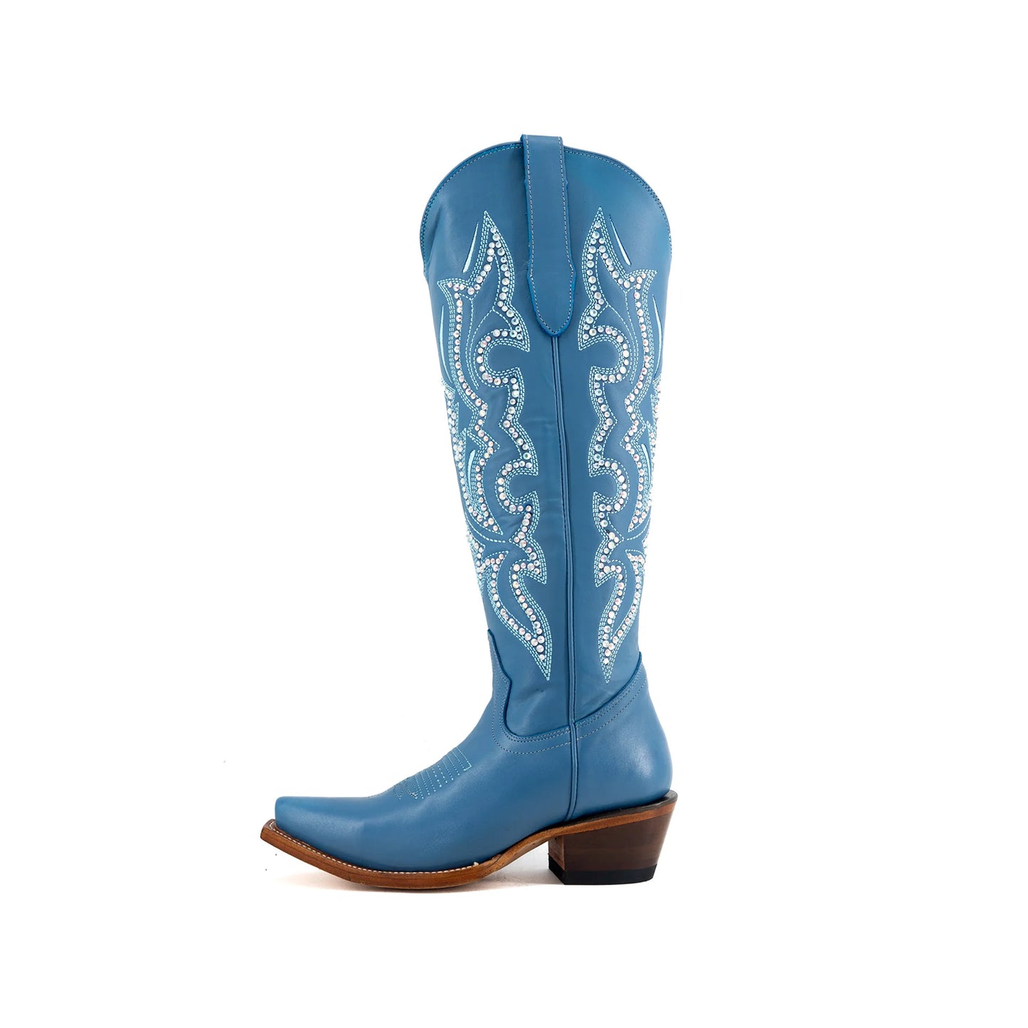 Blue Snip-Toe Rhinestone And Embroidery Half-Zip Knee High Cowgirl Boots