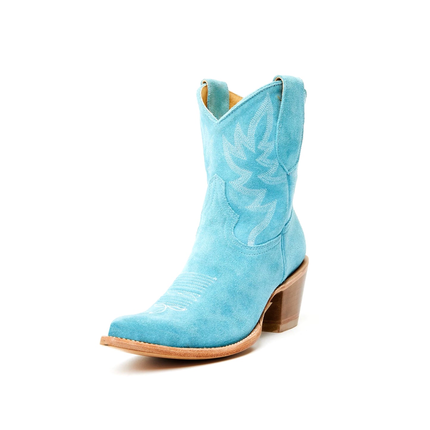 Blue Faux Suede Almond-Toe Embroidery Ankle Cowgirl Boots