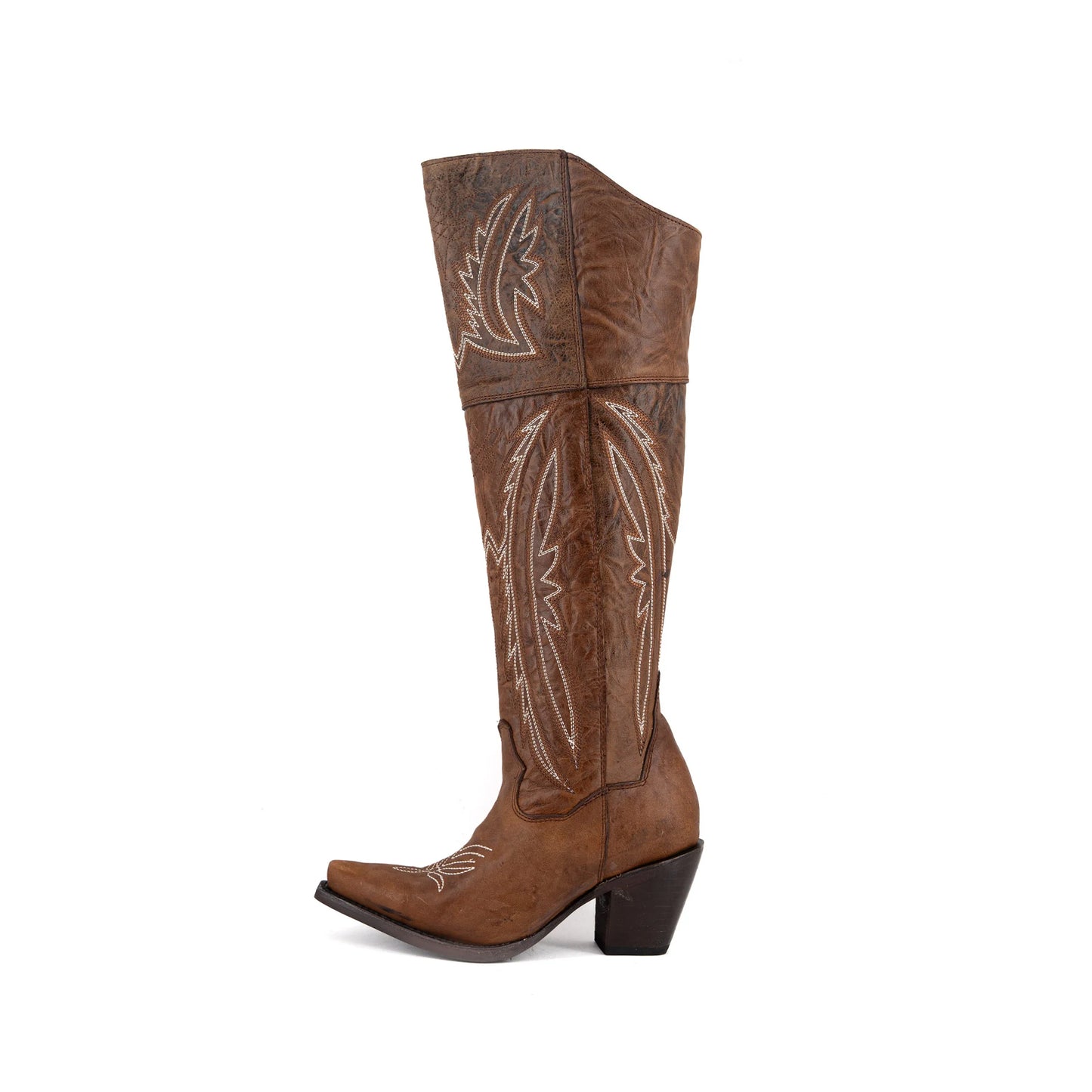 Distressed Camel Snip-Toe Embroidery Half-Zip Knee High Cowgirl Boots