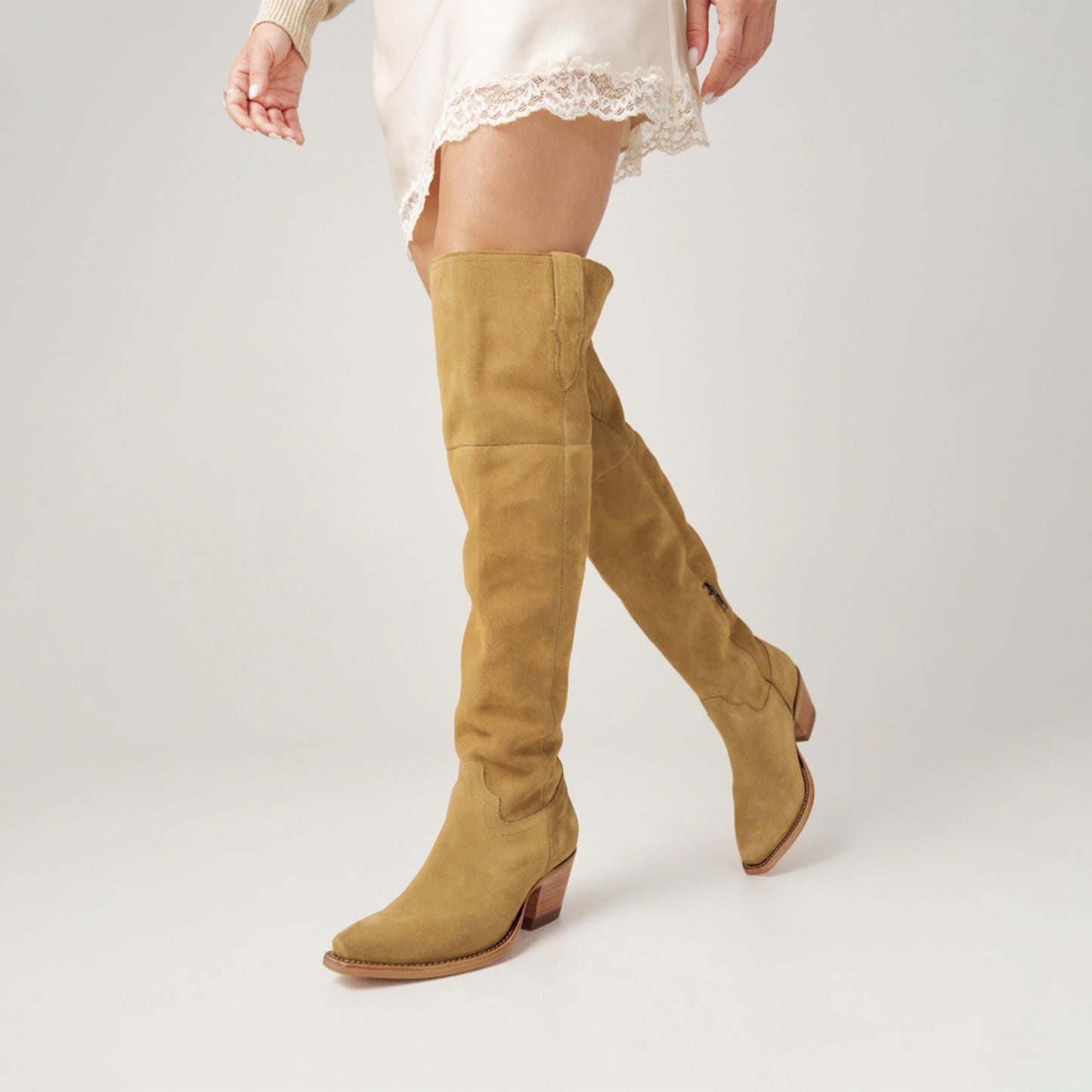 Sand Faux Suede Snip-Toe Half-Zip Over-The-Knee Cowgirl Boots