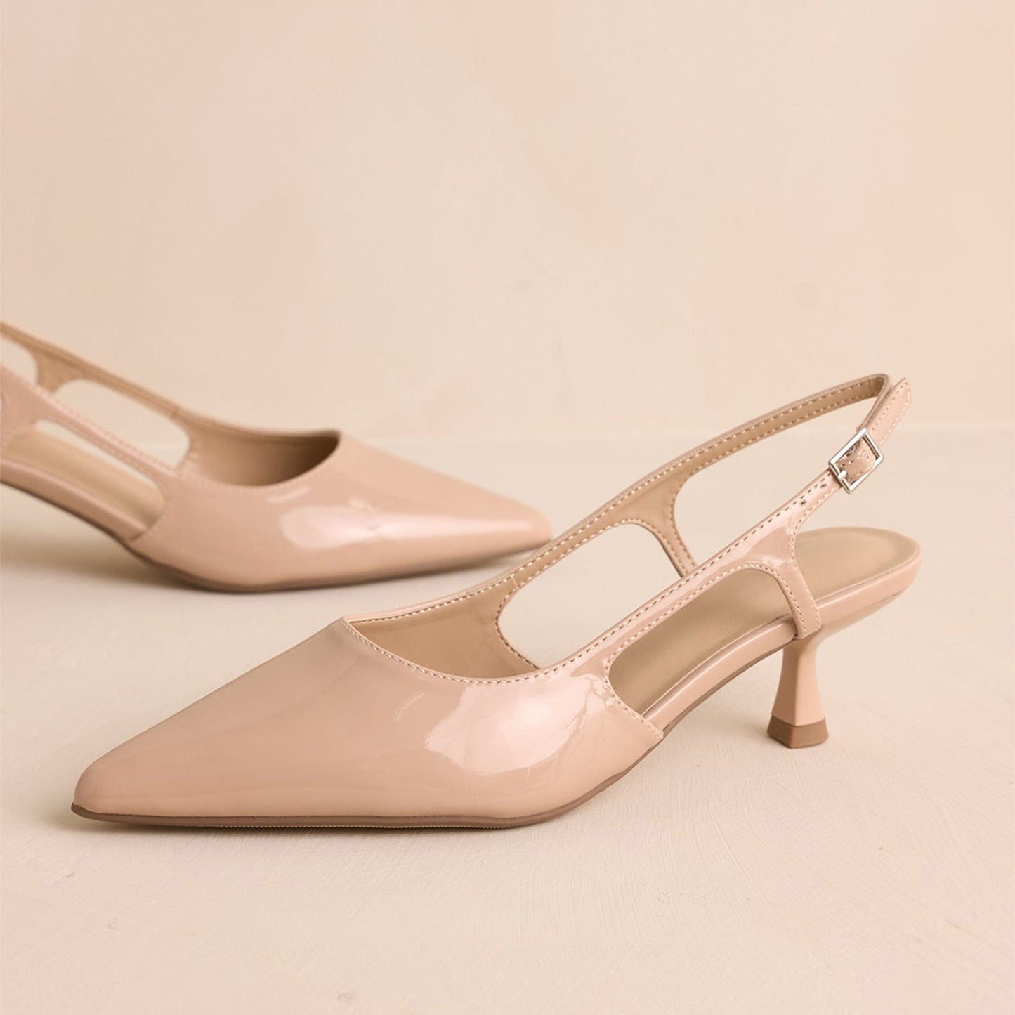 Patent Nude Pointed-Toe Classic Slingback Kitten Heels