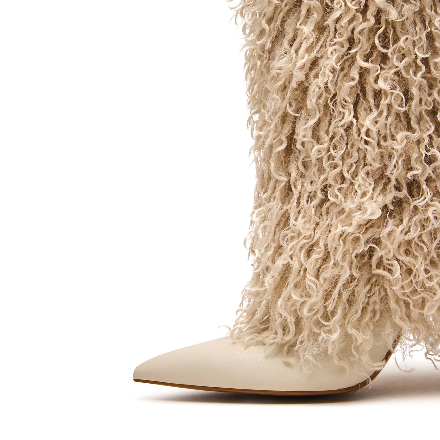 Beige Pointed-Toe Full Plush Wide Calf Knee High Stiletto Boots