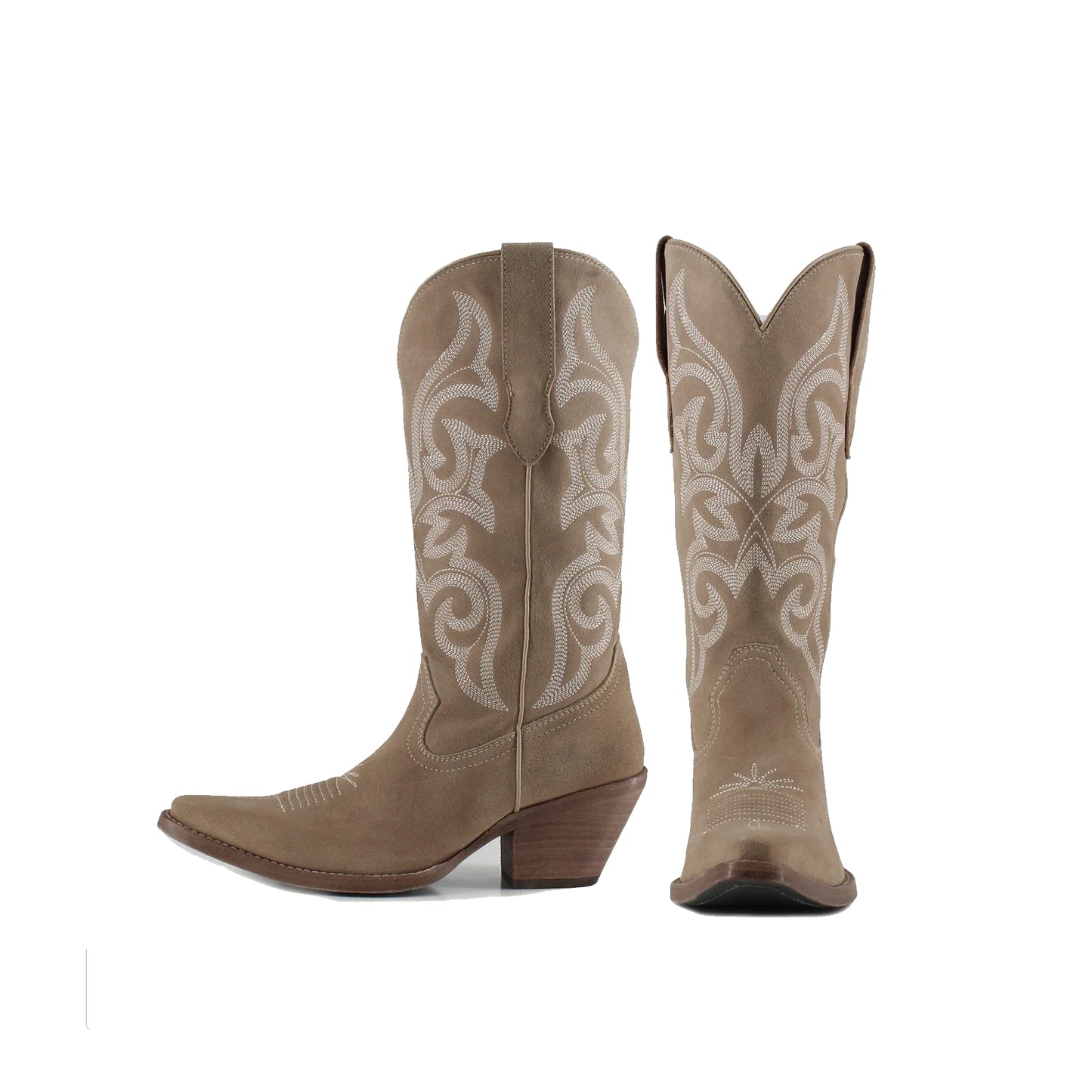 Sand Faux Suede Snip-Toe Mid Calf Embroidery Cowgirl Boots