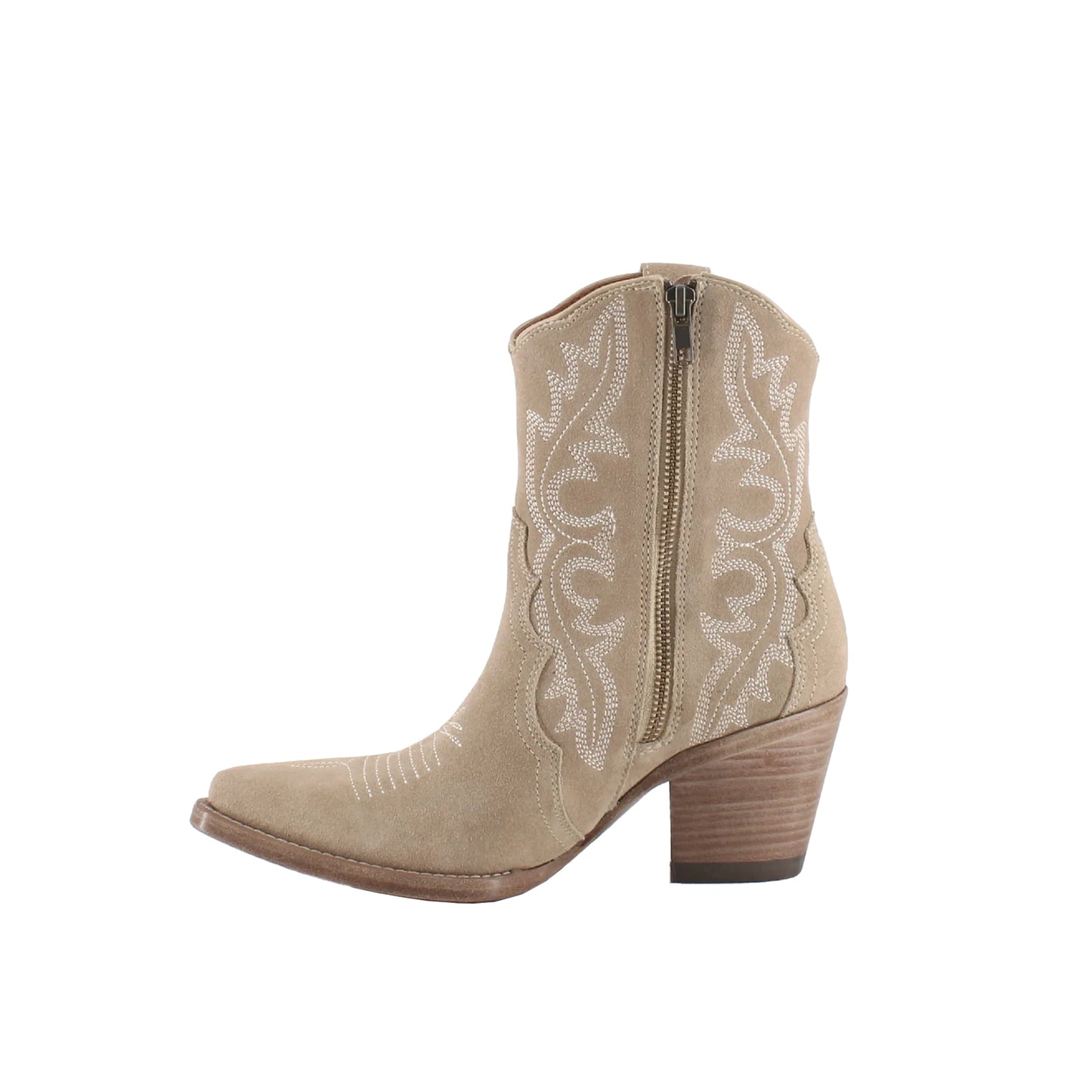 Beige Faux Suede Snip-Toe Embroidery Ankle Cowgirl Boots