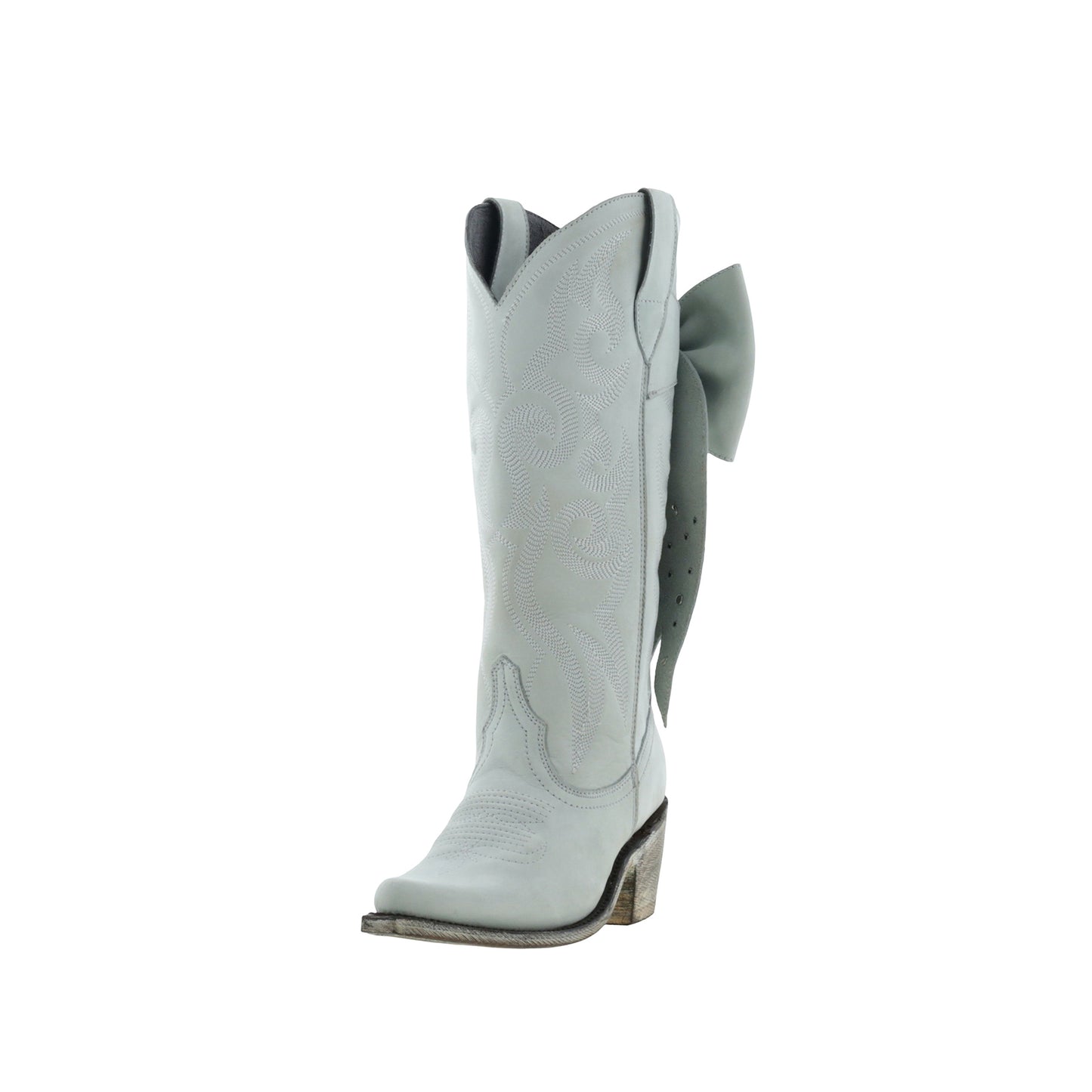 Gray Pointed-Toe Embroidery Back Studded Bow Mid Calf Cowgirl Boots