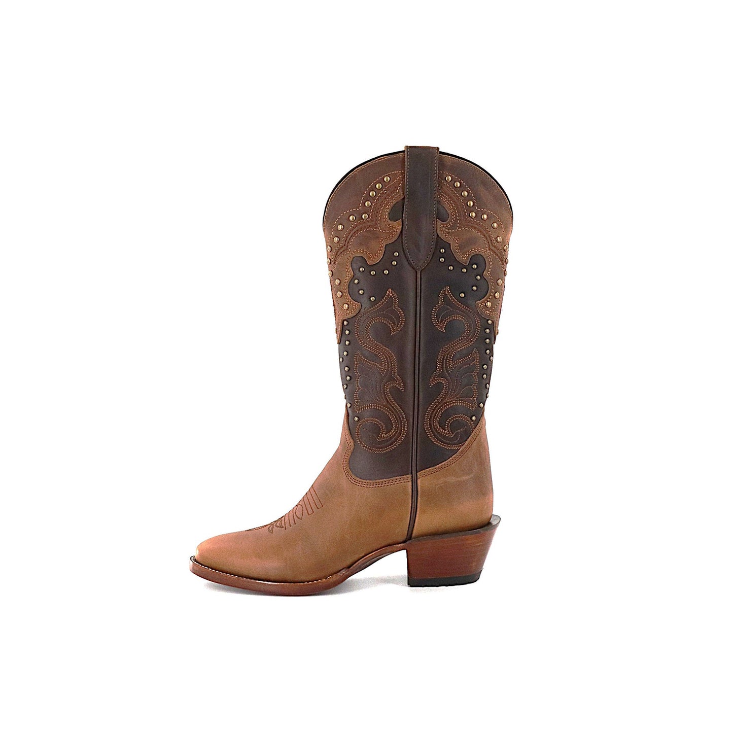 Contrast Brown And Chocolate Round-Toe Embroidery Studded Mid Calf Cowgirl Boots