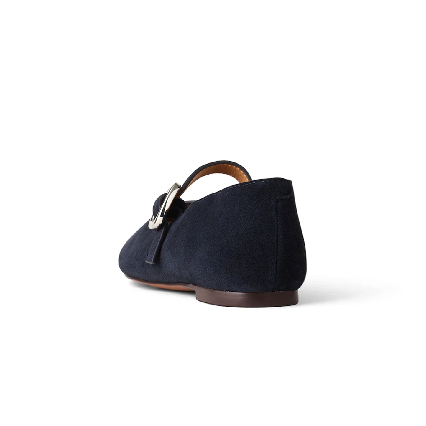 Dark Blue Faux Suede Round-Toe Buckle Bridge Strap Slip-On Flats