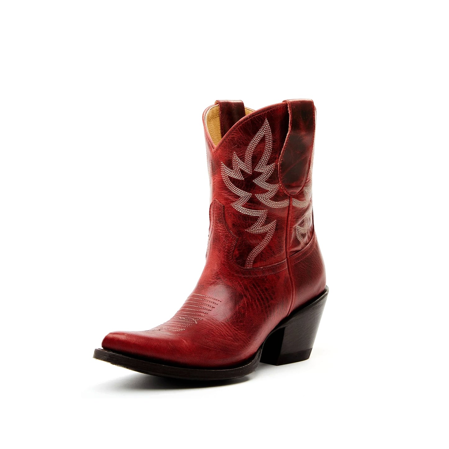 Distressed Red Almond-Toe Embroidery Ankle Cowgirl Boots