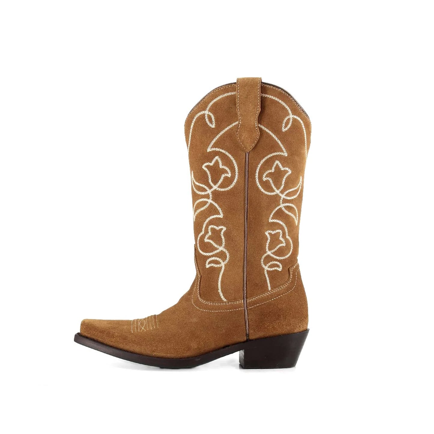 Tan Faux Suede Snip-Toe Embroidery Mid Calf Classic Cowgirl Boots