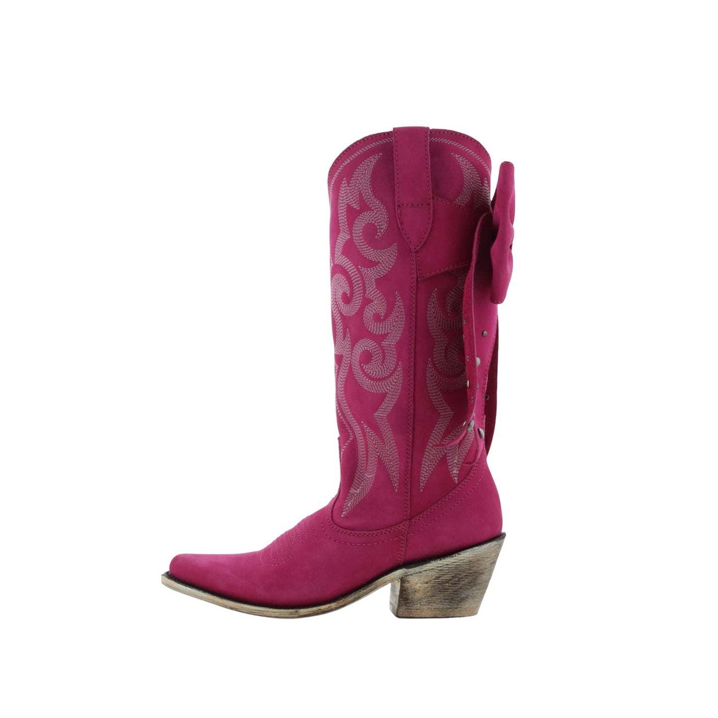 Fuchsia Pointed-Toe Embroidery Back Studded Bow Mid Calf Cowgirl Boots
