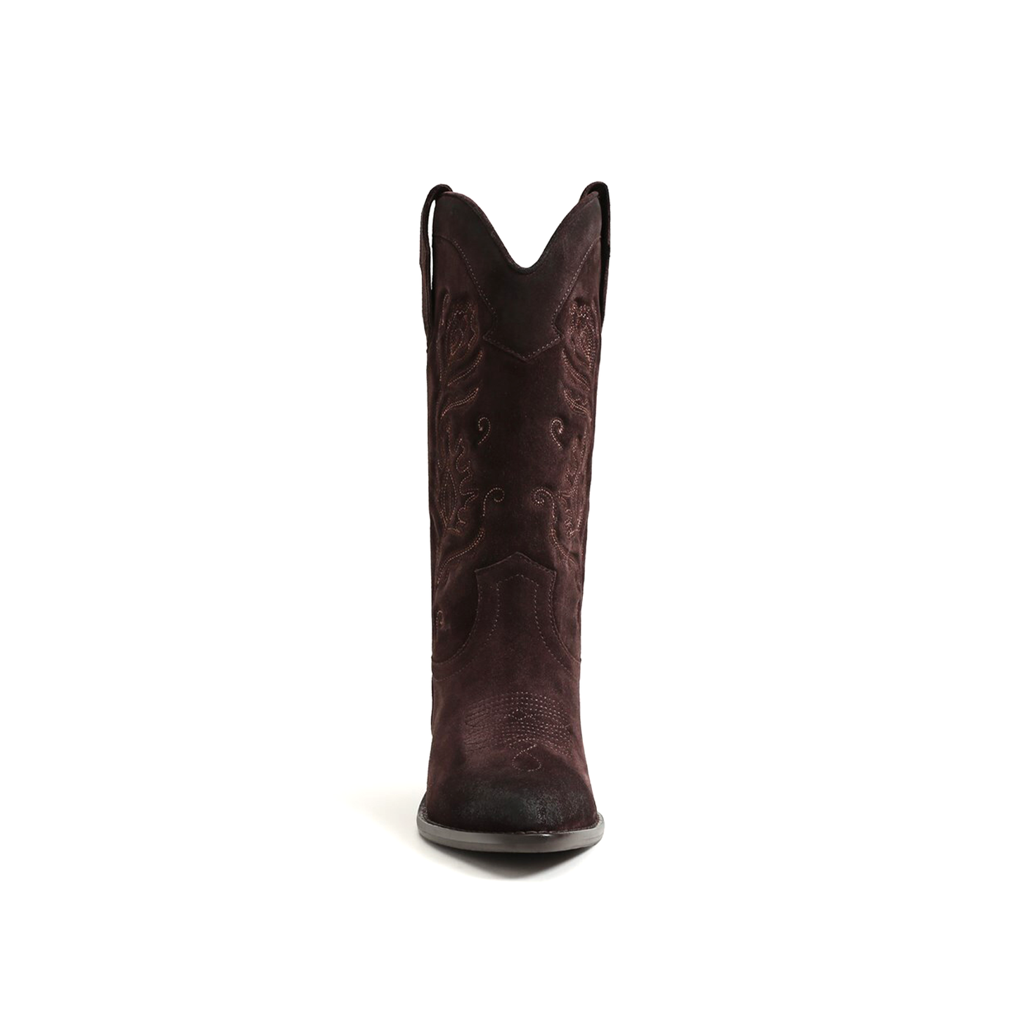 Coffee Faux Suede Almond-Toe Flowers Embroidery Mid Calf Cowgirl Boots