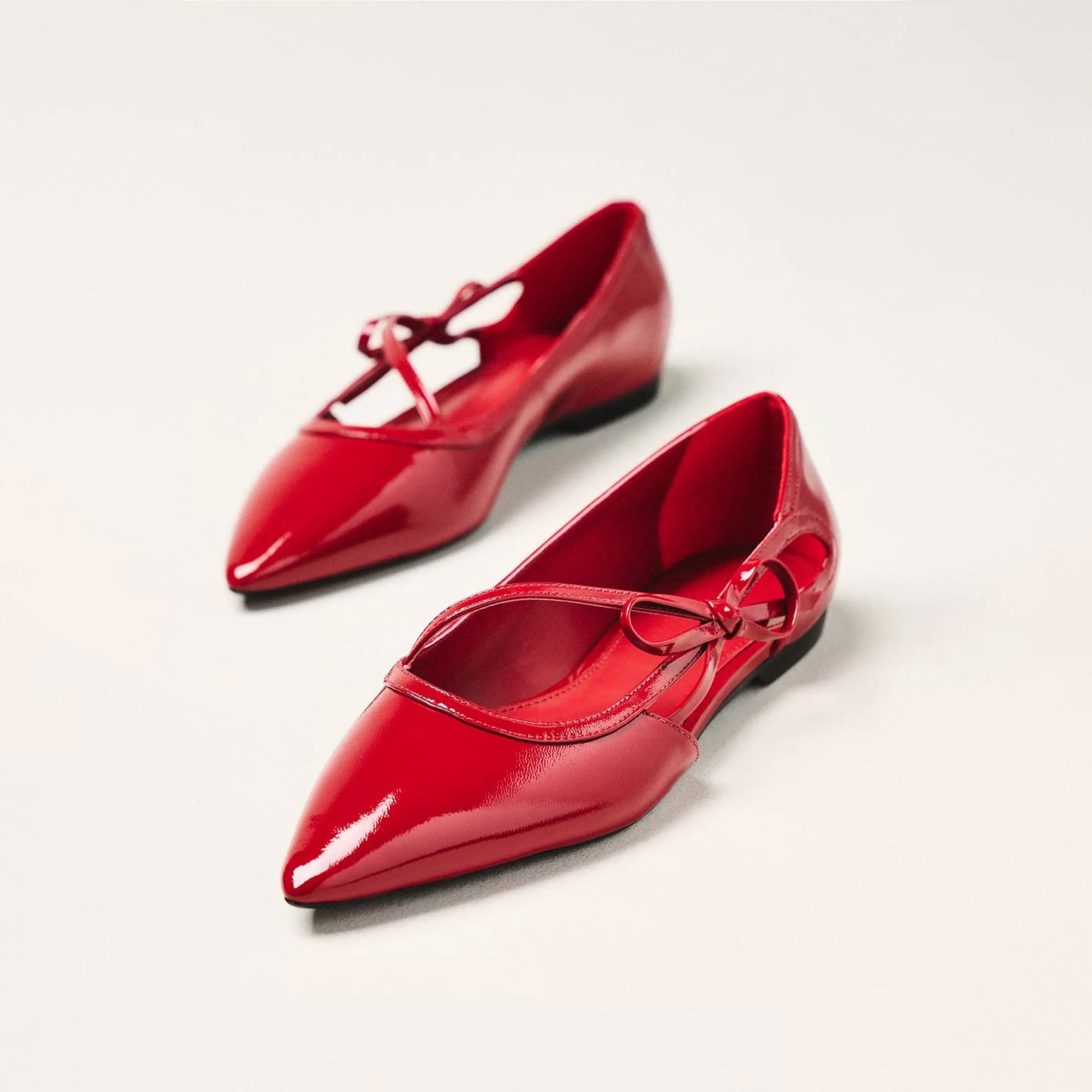 Red Patent Leather Pointed-Toe Side-Strap Bow Flats