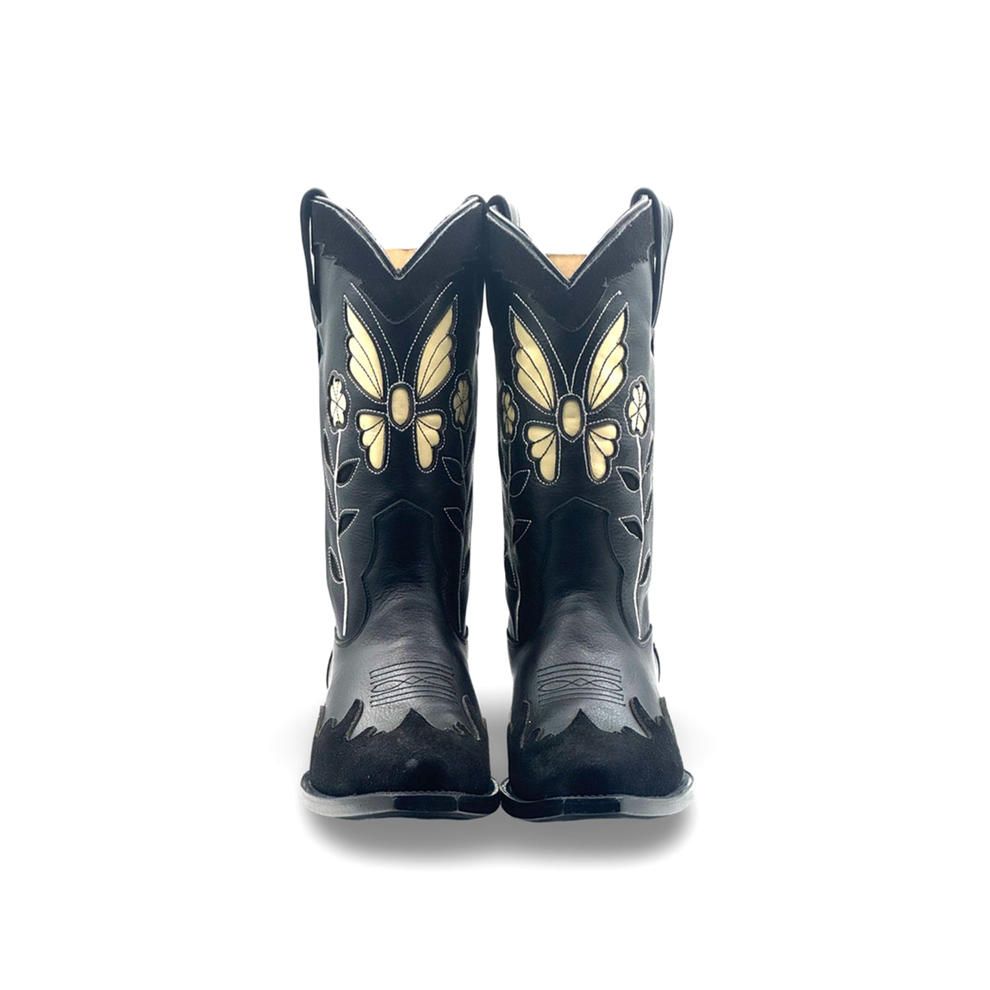 Black Snip-Toe Butterfly And Flower Inlays Mid Calf Cowgirl Boots