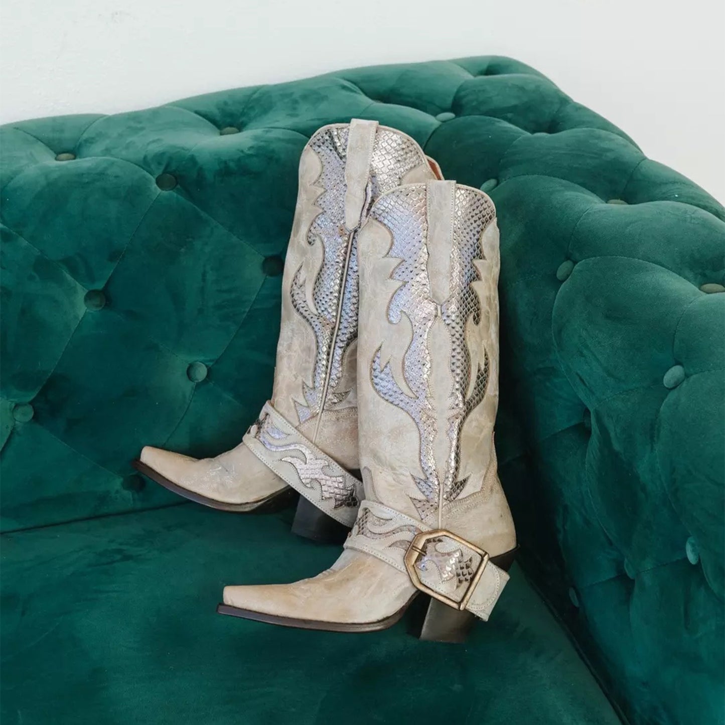 Bone Snip-Toe Metallic Snakeskin Print Inlay Buckle Strap Mid Calf Cowgirl Boots