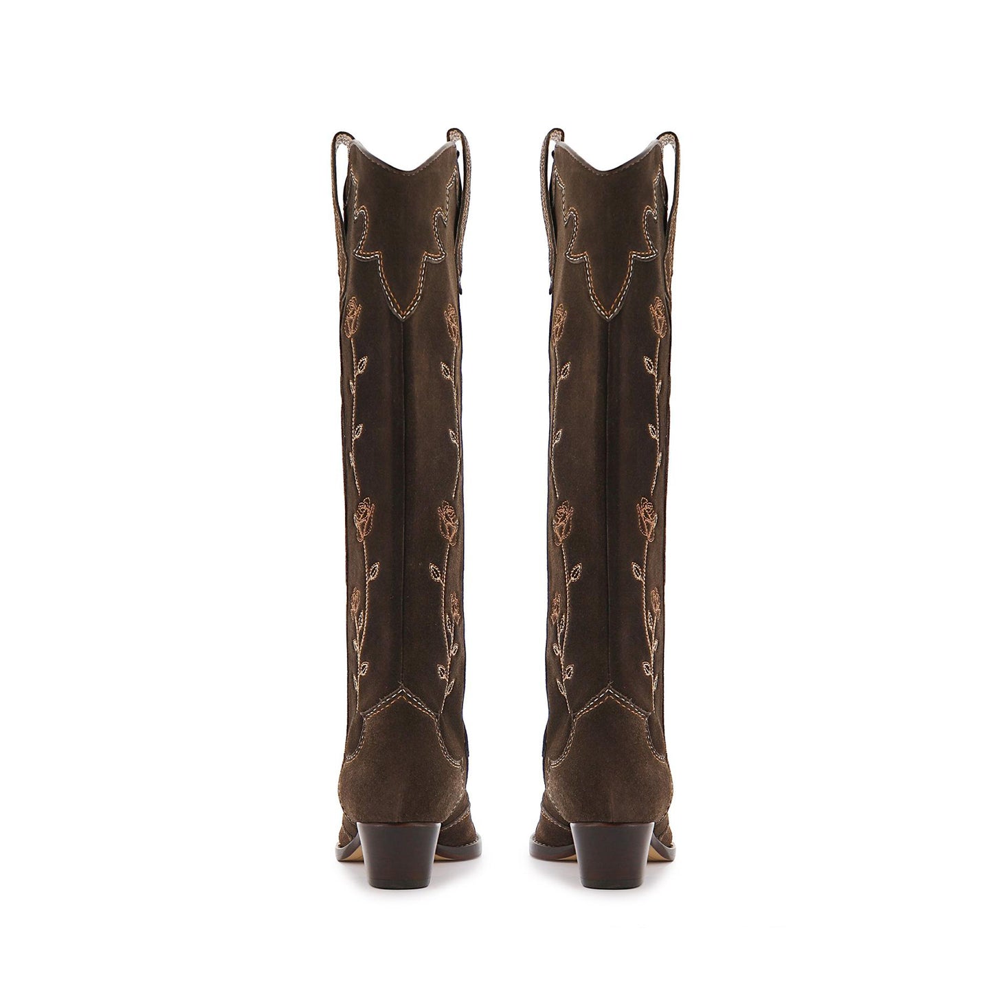 Chocolate Snip-Toe Rose Heart Butterfly Embroidery Wide Calf Knee High Cowgirl Boots