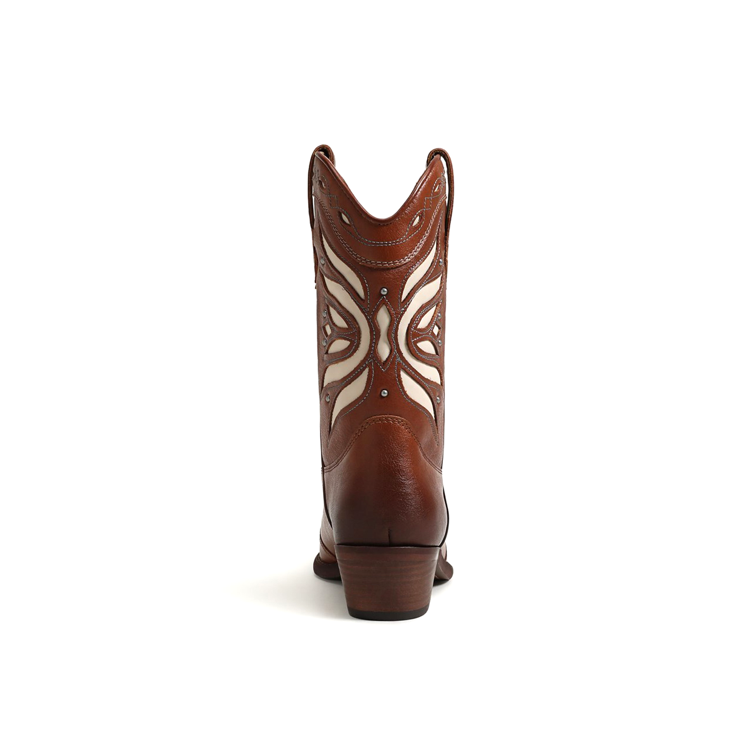 Brown Pointed-Toe Inlays Studded Mid Calf Cowgirl Boots
