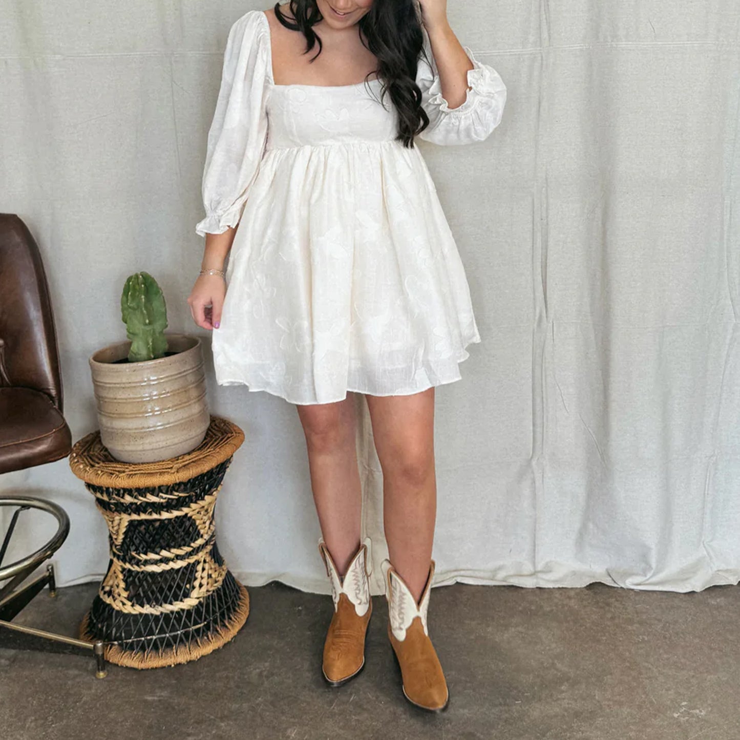 Contrast White And Brown Faux Suede Almond-Toe Embroidery Ankle Cowgirl Boots