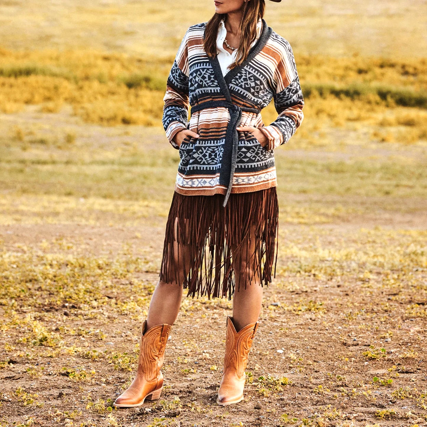 Tan Almond-Toe Embroidery Classic Mid Calf Cowgirl Boots