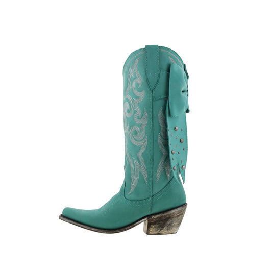Turquoise Pointed-Toe Embroidery Back Studded Bow Mid Calf Cowgirl Boots