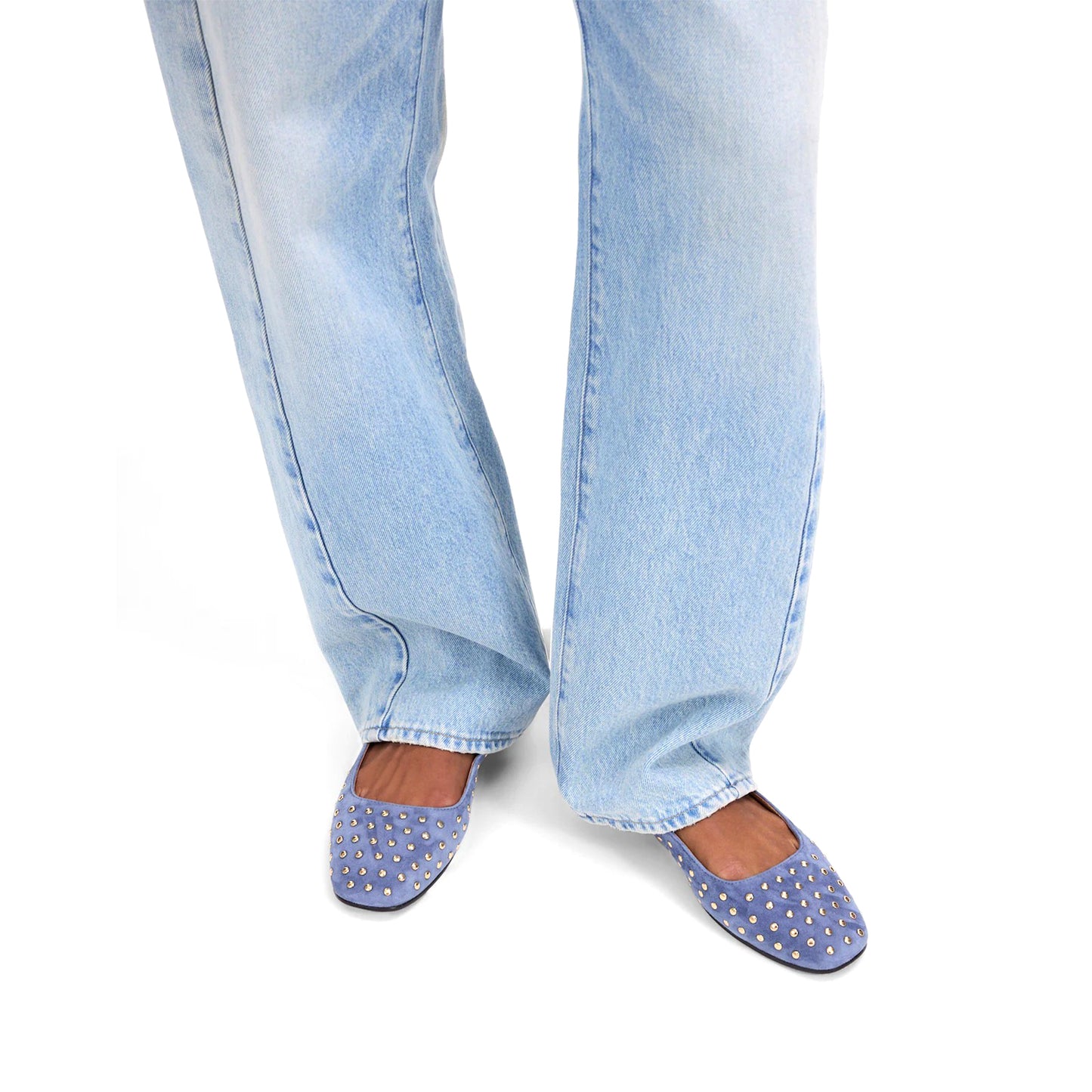 Blue Faux Suede Square-Toe Bridge Strap Studded Slip-On Flats