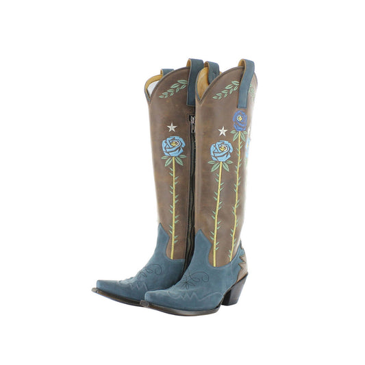 Contrast Green And Blue Snip-Toe Roses Embroidery Full-Zip Knee High Cowgirl Boots