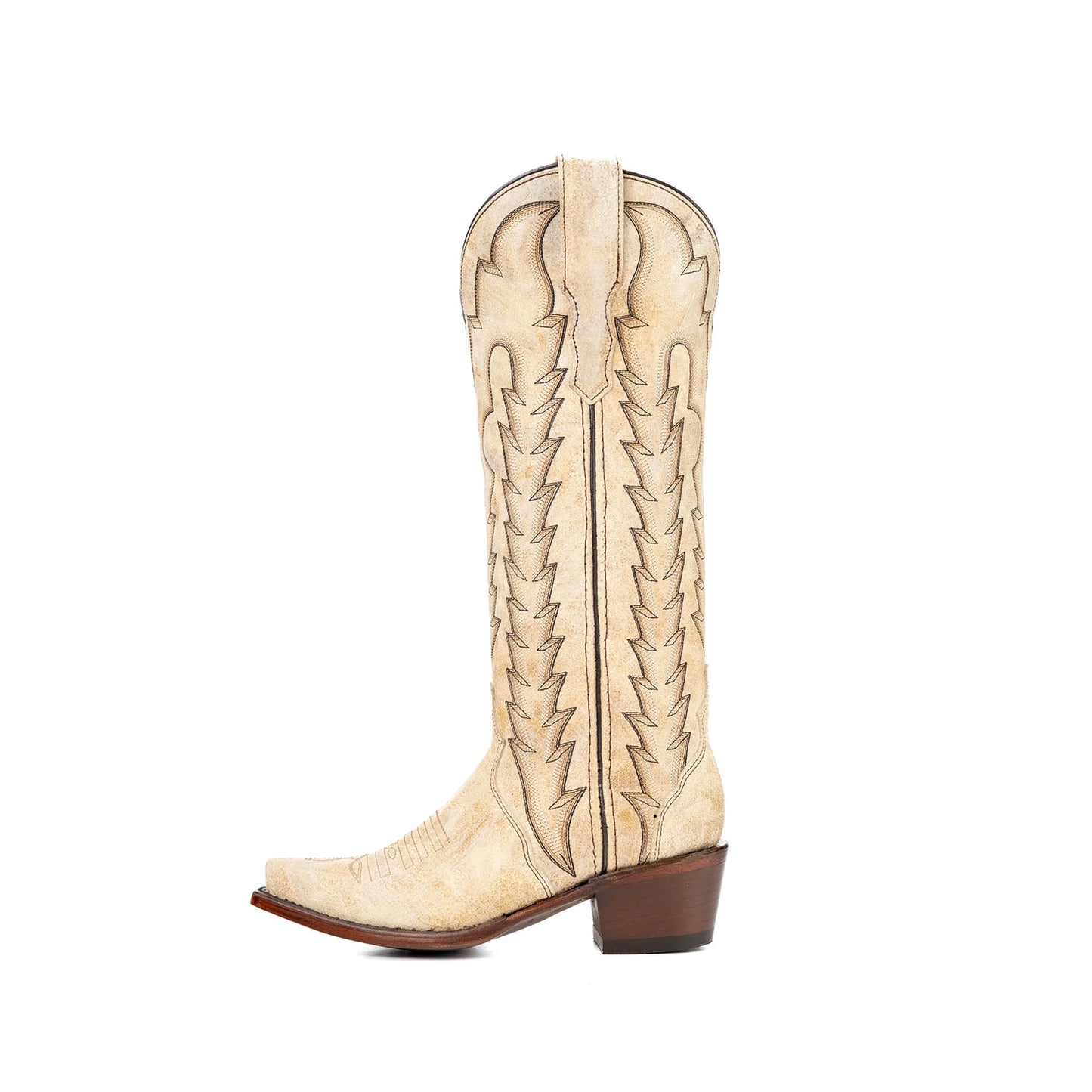 Distressed Bone Snip-Toe Embroidery Wide Calf Knee High Cowgirl Boots