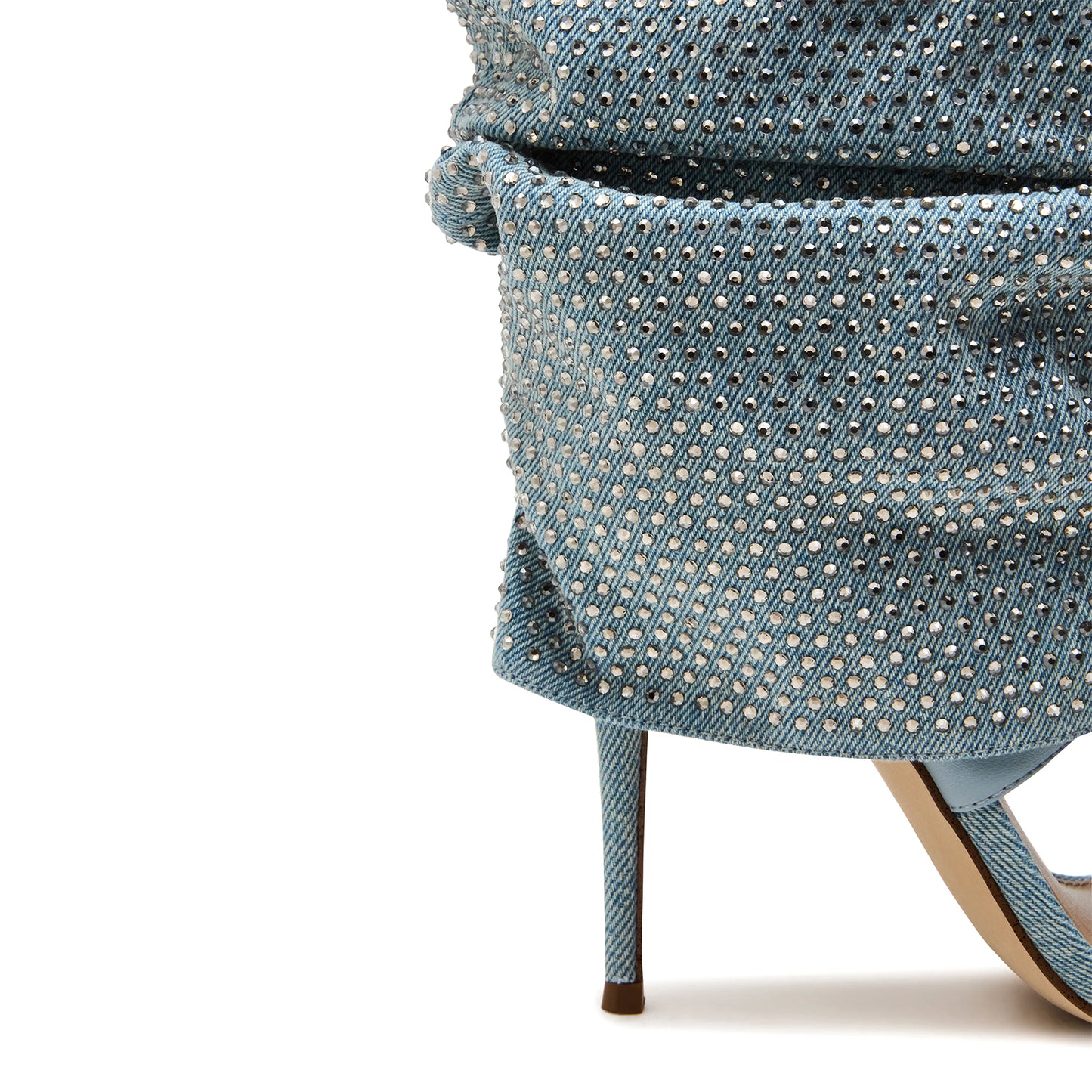 Blue Denim Open Round-Toe Rhinestone Wide Calf Knee High Stiletto Boots