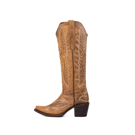 Camel Snip-Toe Embroidery Half-Zip Knee High Classic Cowgirl Boots