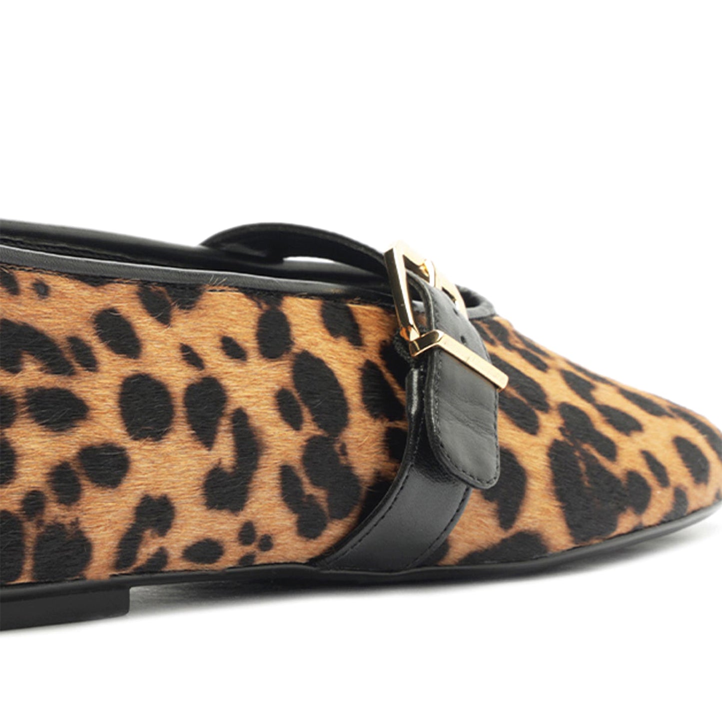 Leopard Pony Hair Round-Toe Bridge Strap Buckle Flats