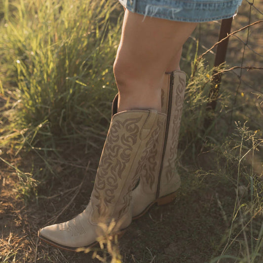 Light Tan Pointed-Toe Embroidery Full-Zip Knee High Cowgirl Boots