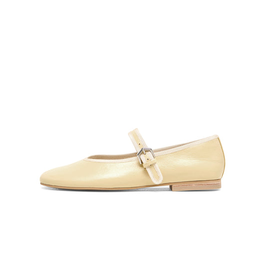 Light Yellow Vegan Leather Round-Toe Bridge Strap Ballet Flats