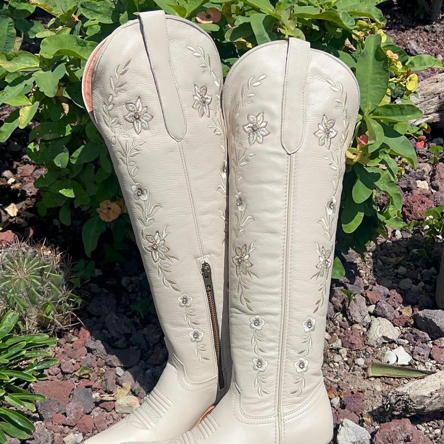 Cream Snip-Toe Flower Embroidery Rhinestone Half-Zip Knee High Cowgirl Boots