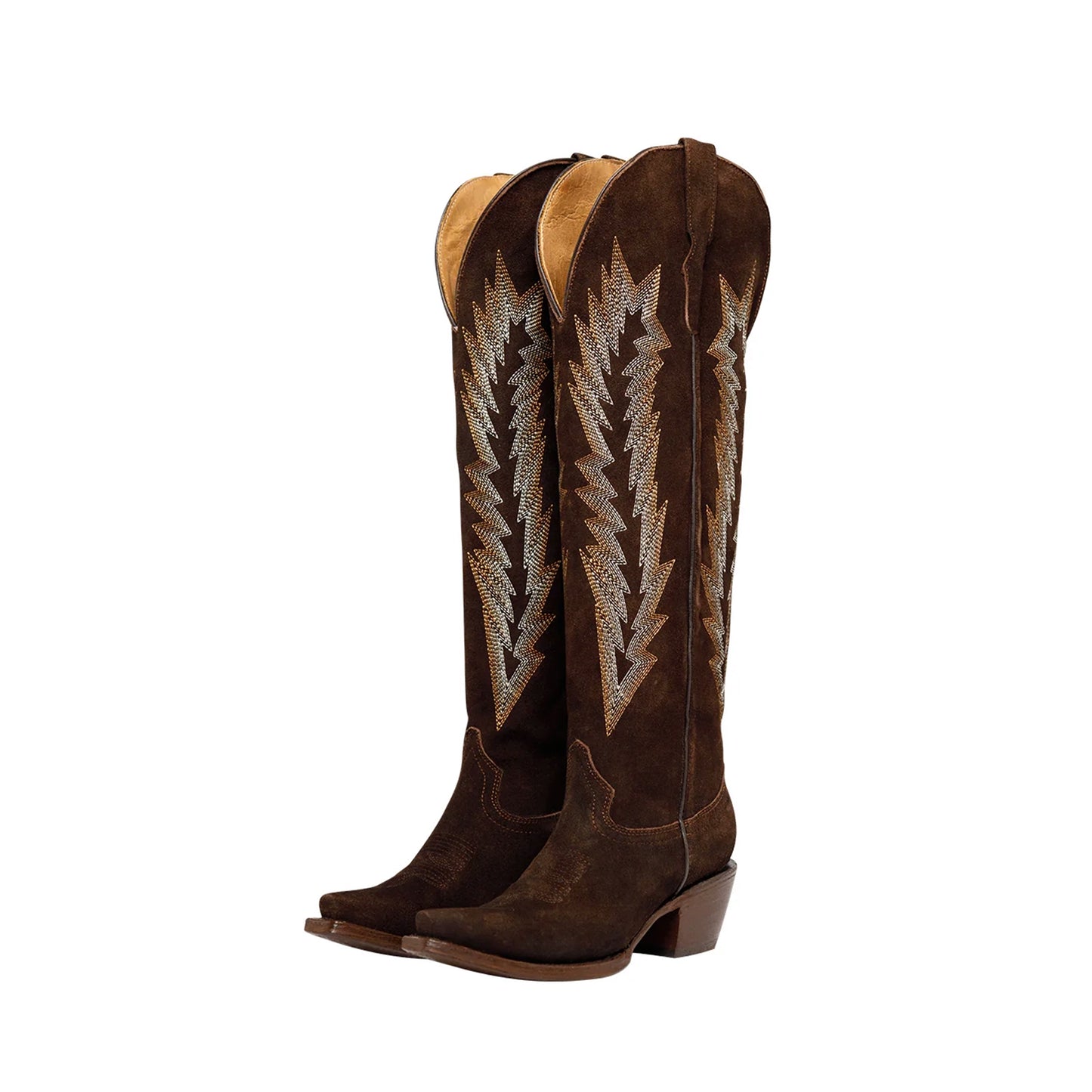 Chocolate Faux Suede Snip-Toe Embroidery Wide Calf Over-The-Knee Cowgirl Boots